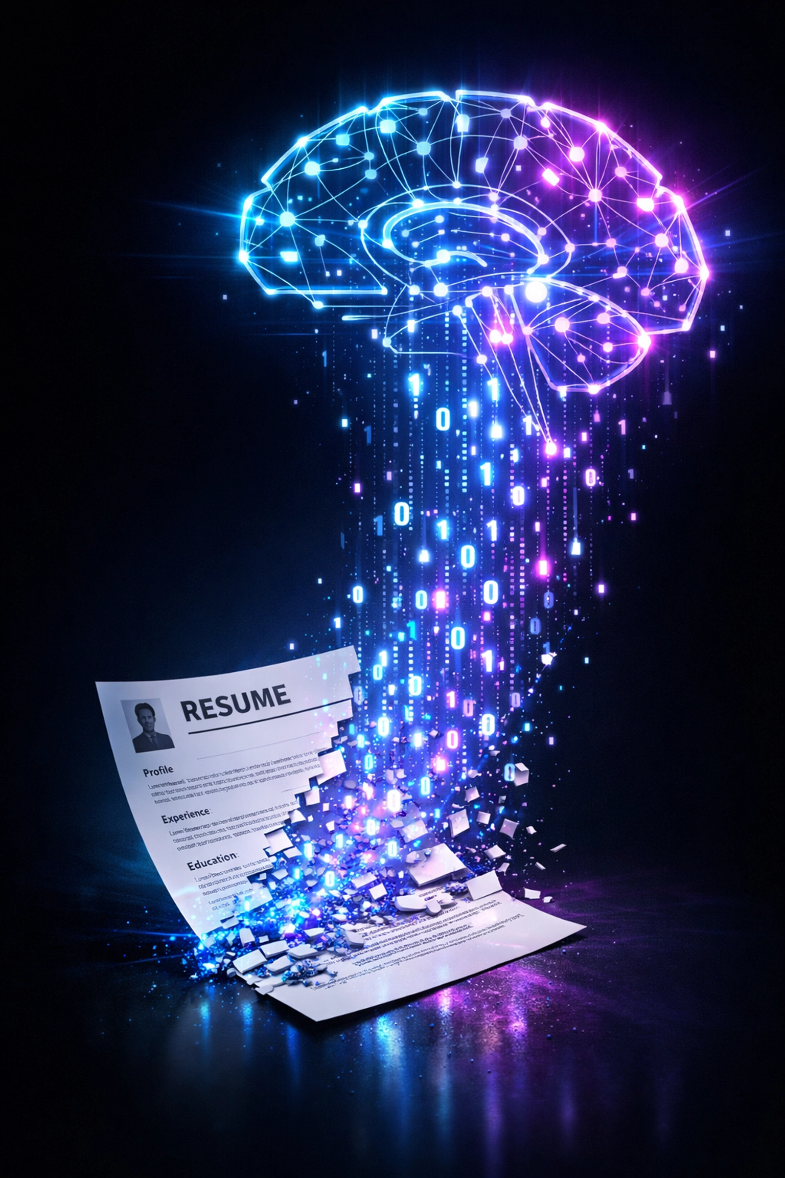 Traditional resume transforming into digital data nodes for AI automation and talent screening.