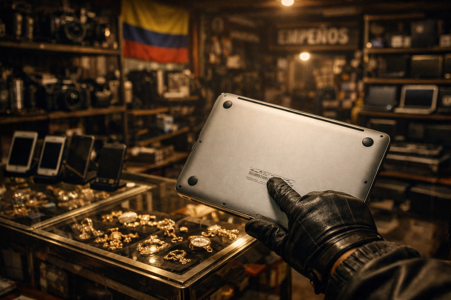 Private investigator examining stolen laptop serial number in Medellin pawn shop