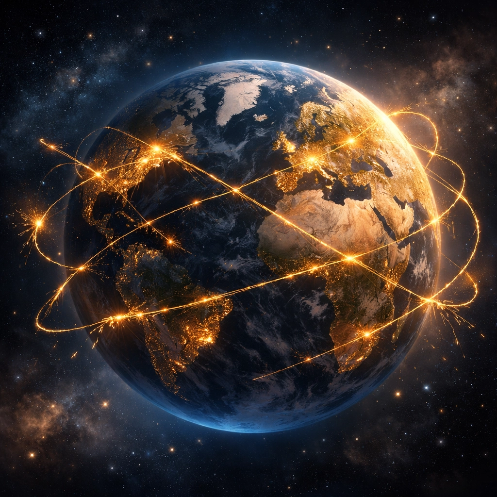 Connected globe showing international humanitarian aid relationships across continents
