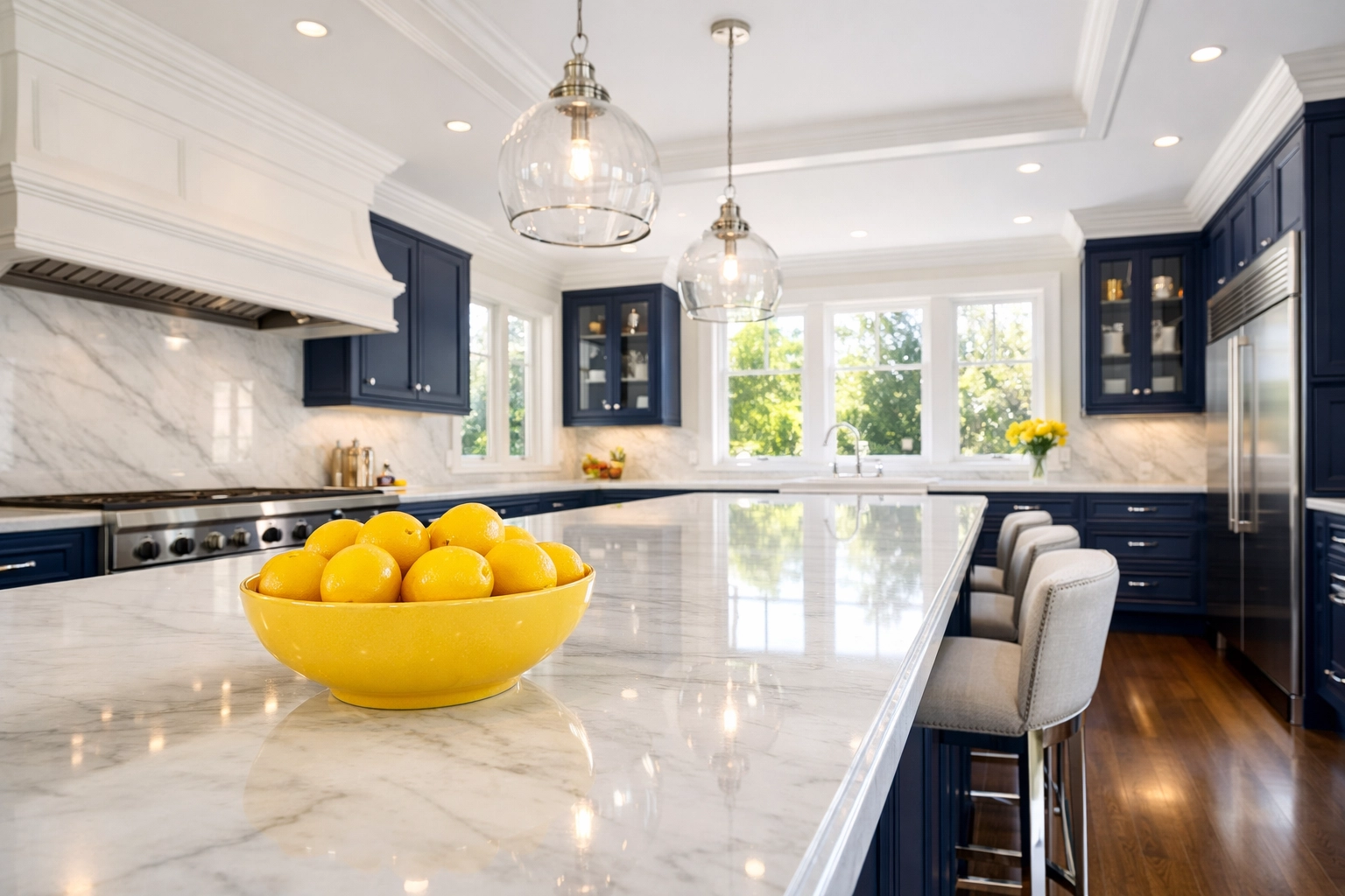 Pristine luxury kitchen in a Winchester estate featuring spotless marble countertops and polished surfaces.