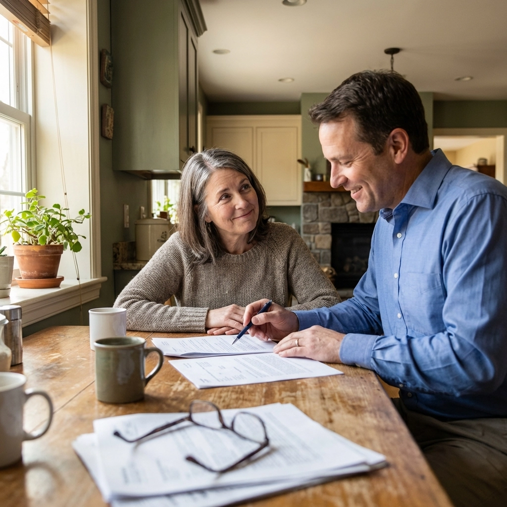 Hopeful woman discusses life insurance options with advisor at Connecticut home after a coverage decline