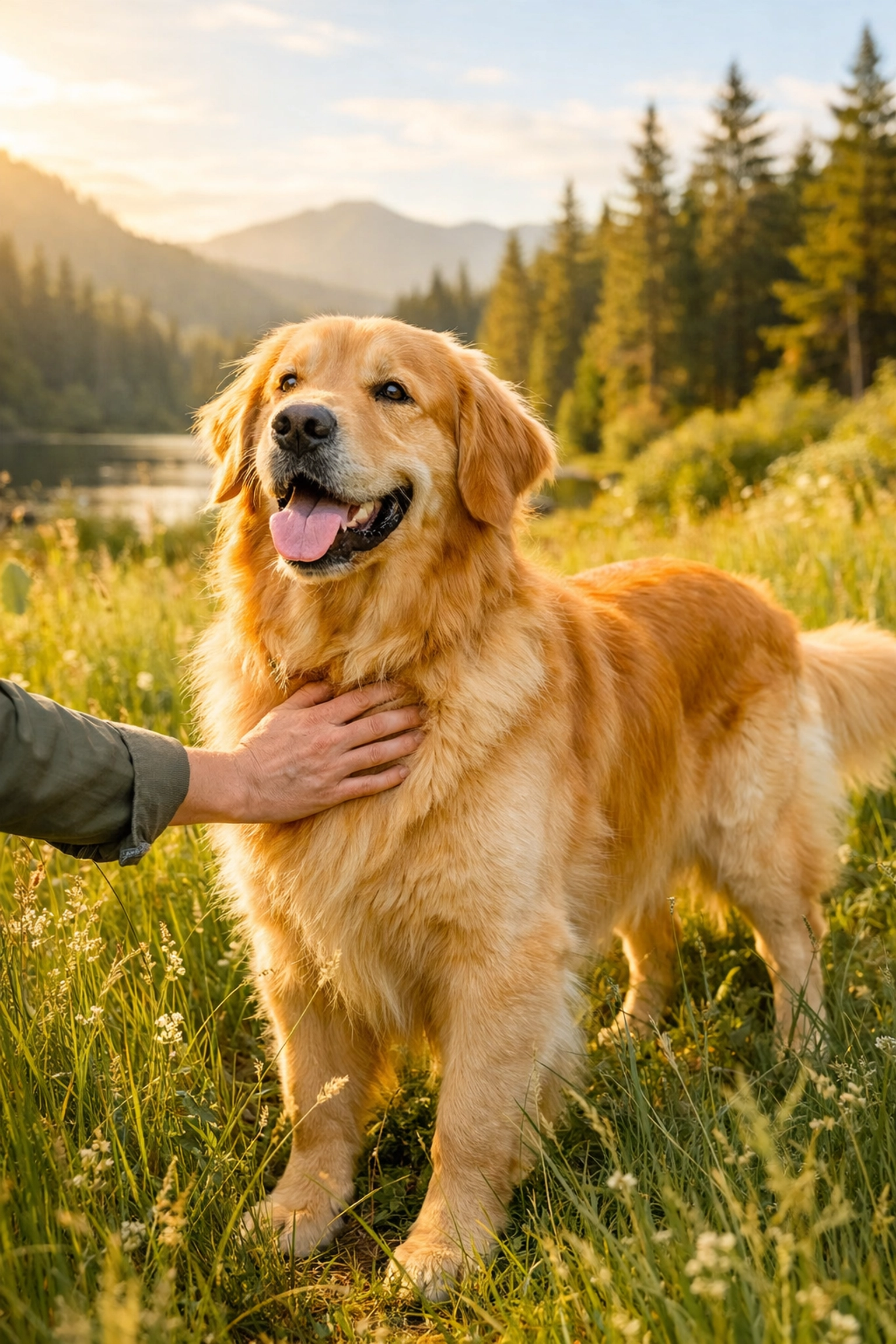 A healthy Golden Retriever in a Pacific Northwest meadow, showing the physical wellness focus of Oregon therapy dog breeders.