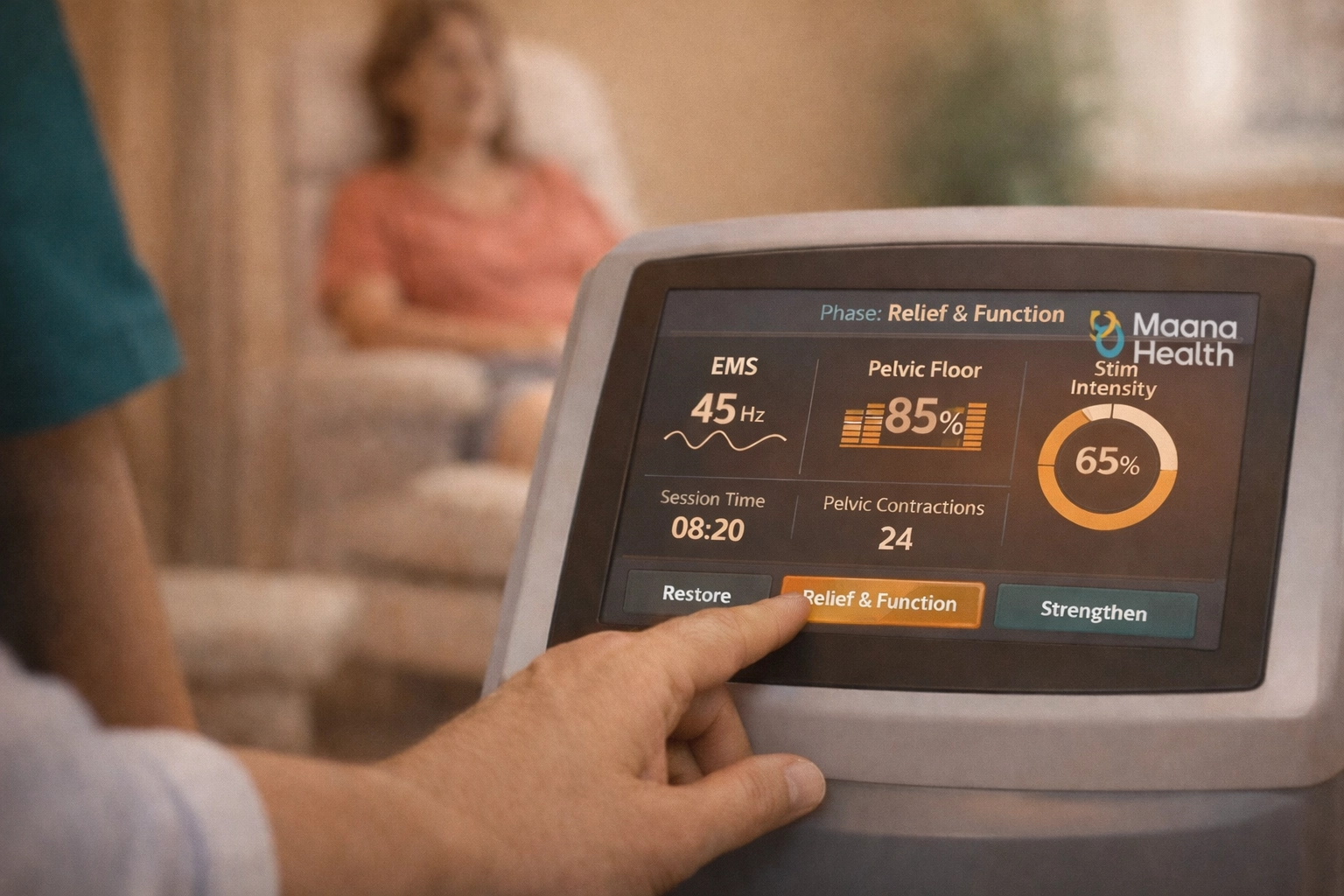 Specialist adjusting advanced biofeedback equipment for incontinence treatment at Maana Health.