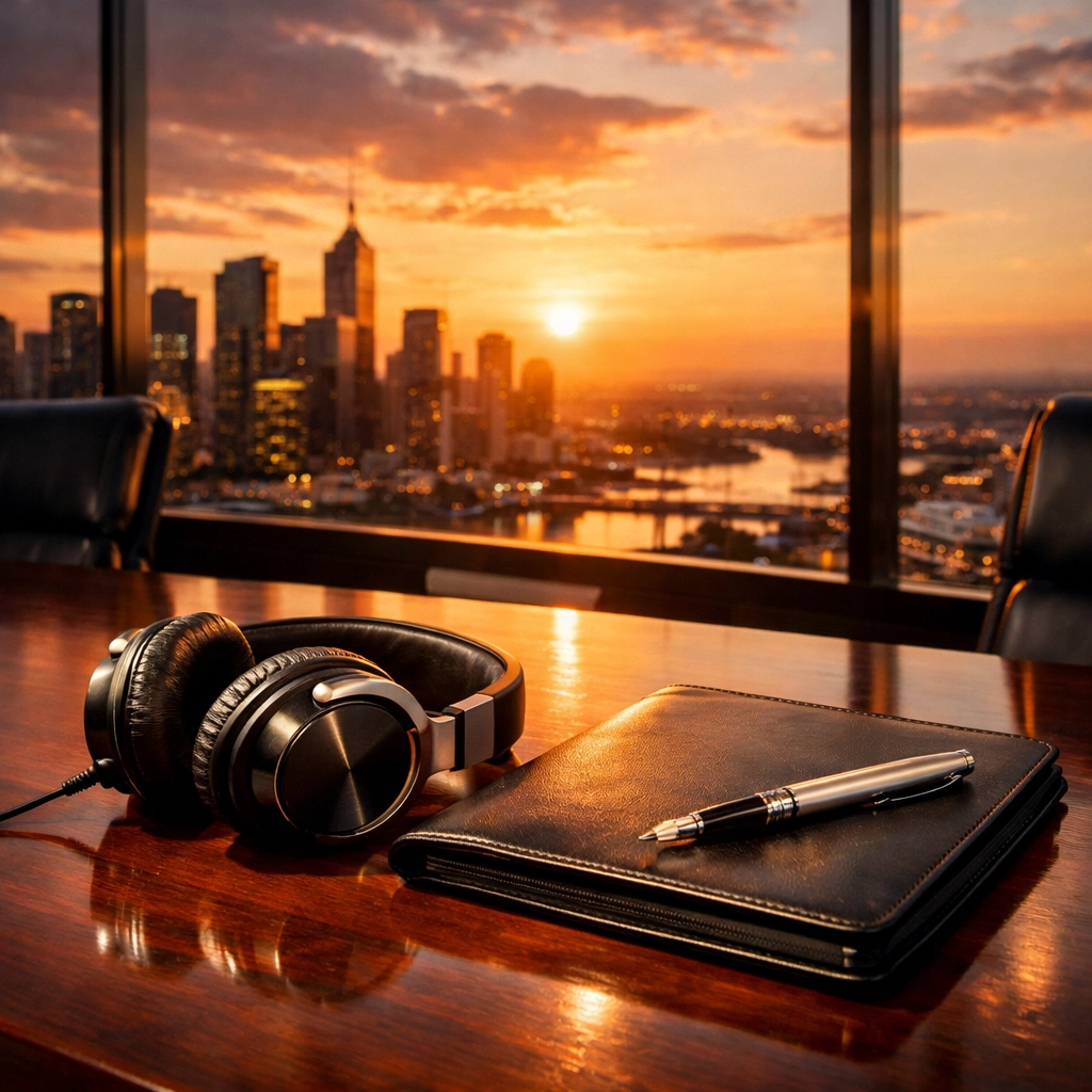 Executive boardroom with headphones representing SDVOSB status and music industry leadership.