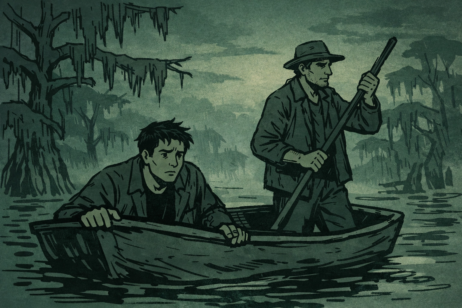 Two men navigate misty Louisiana bayou in boat - gay thriller Dark Waters of the Bayou