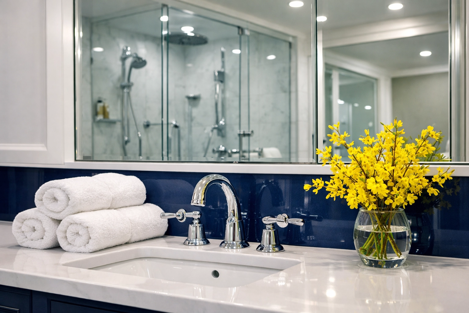 Deep cleaned luxury master bathroom in Foxborough featuring a sparkling vanity and spotless glass shower.