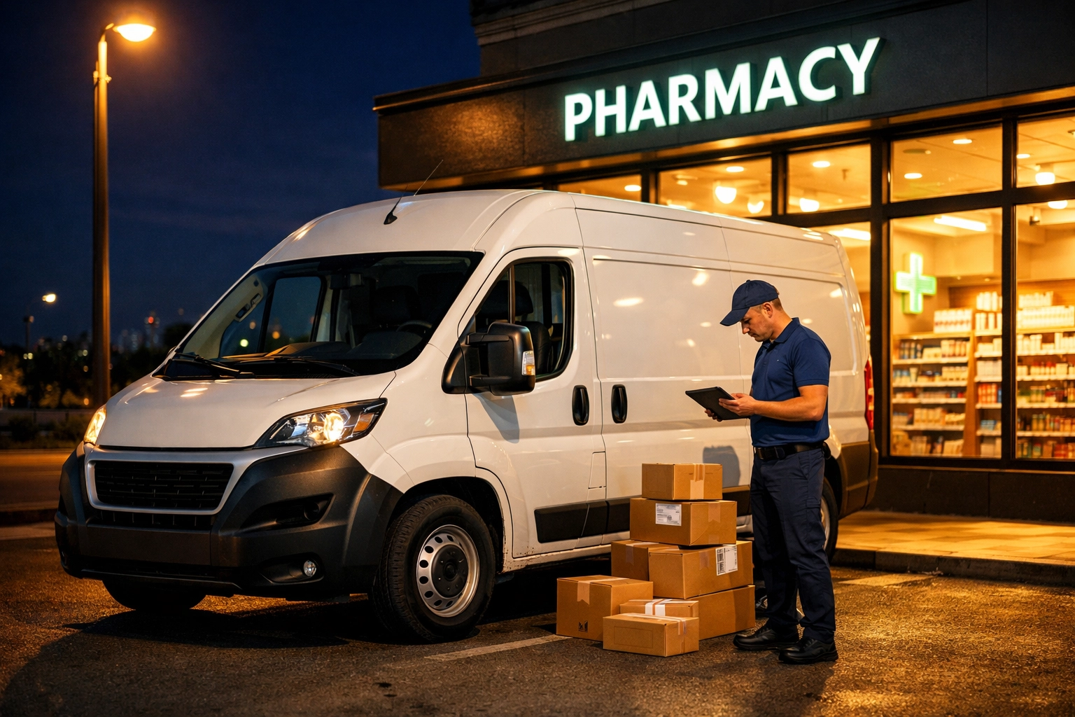 Pharmacy delivery van parked outside pharmacy at night for 24/7 after-hours medication service