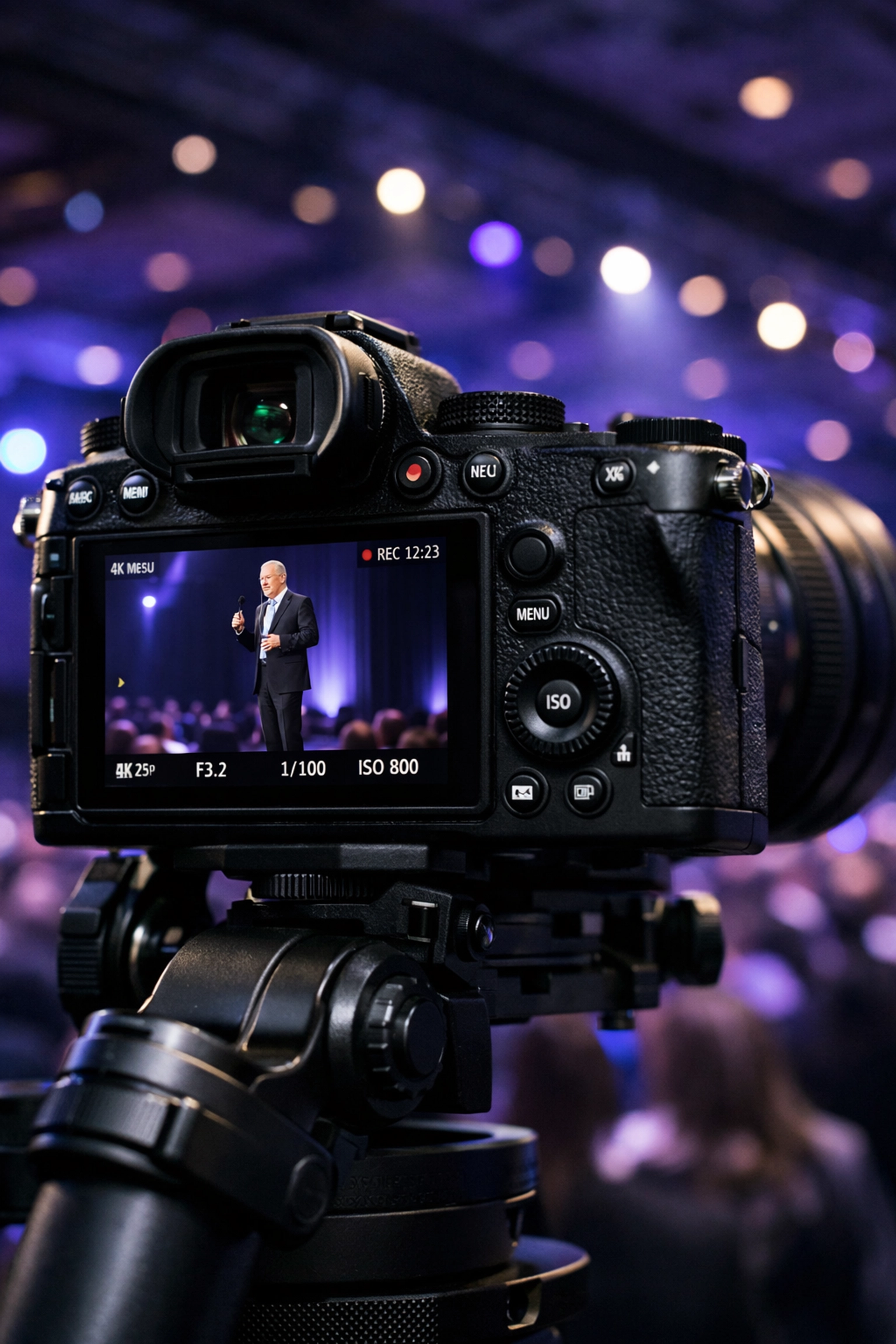 Corporate event photographer Miami capturing a sharp keynote speaker image on a camera screen in a ballroom.