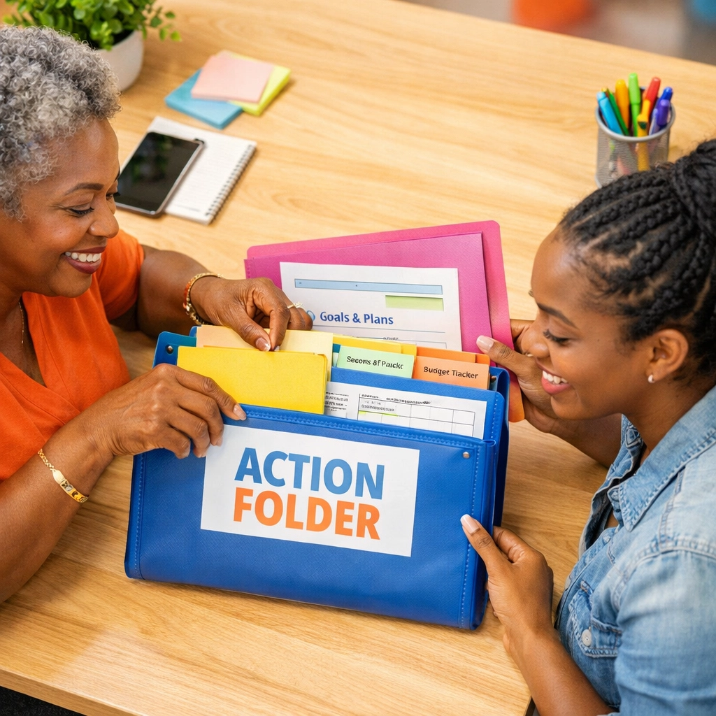 Two women organize an action folder for family assistance programs and financial aid in New Jersey.