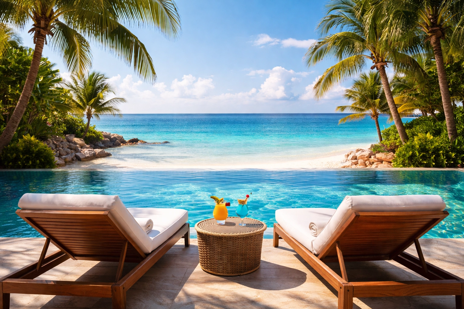 Infinity pool at a luxury adults-only resort overlooking a tropical beach, ideal for relaxing honeymoons.