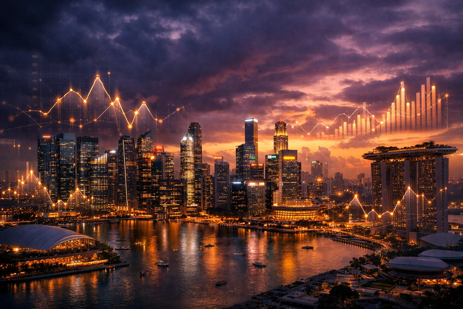 Economic data charts overlaying a Southeast Asian skyline representing ASEAN-6 GDP growth forecasts.