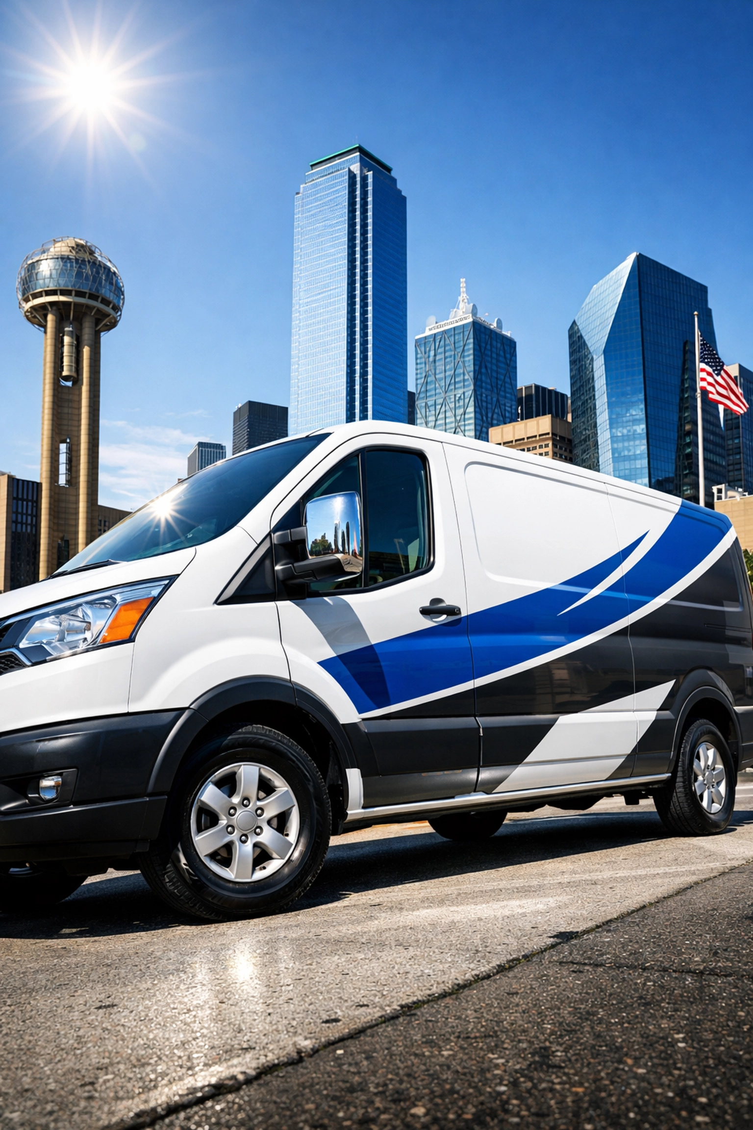 A work van featuring a custom partial vehicle wrap in a busy Dallas business district.
