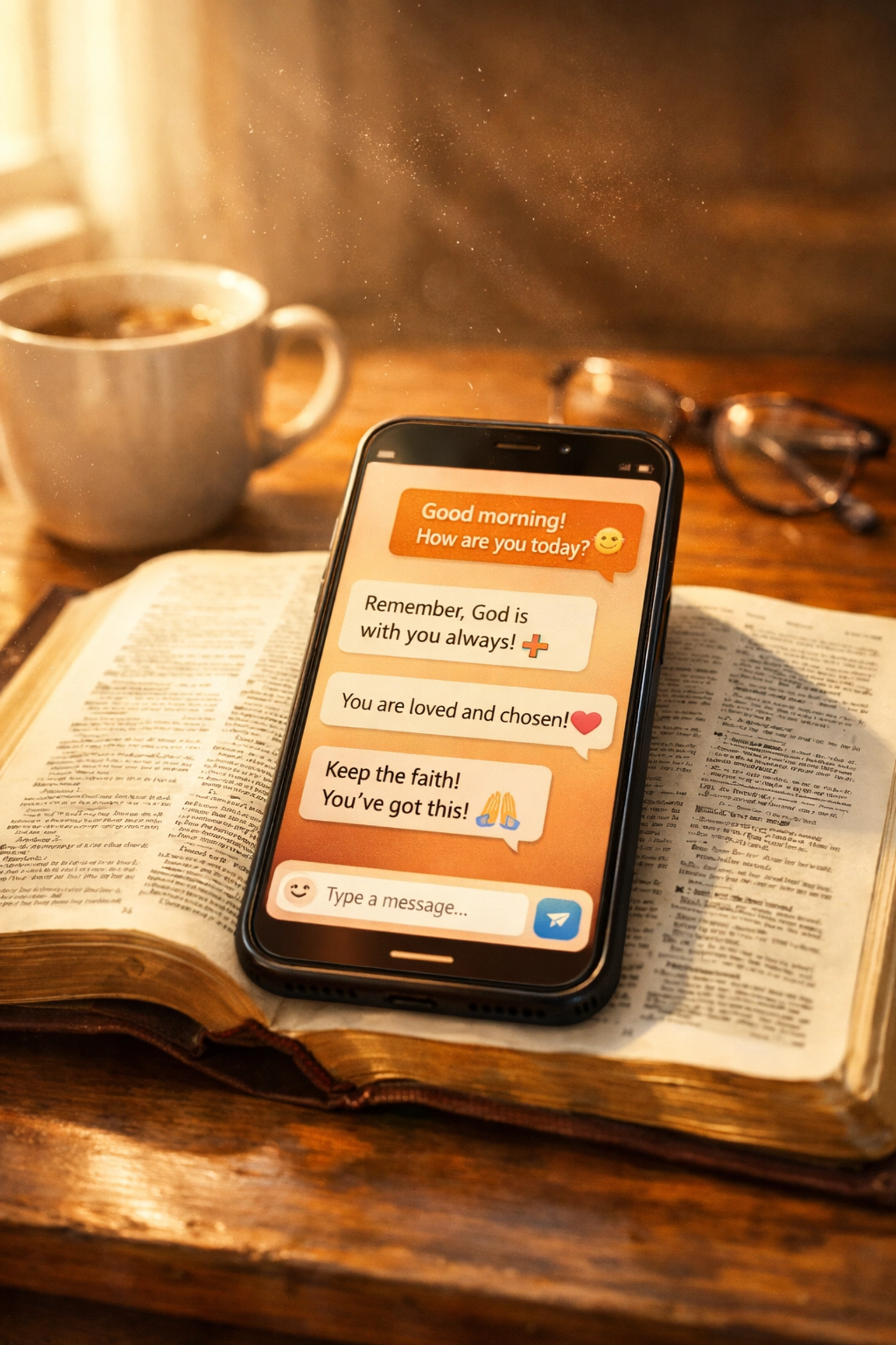 Smartphone displaying AI ministry chatbot resting on open Bible for digital discipleship