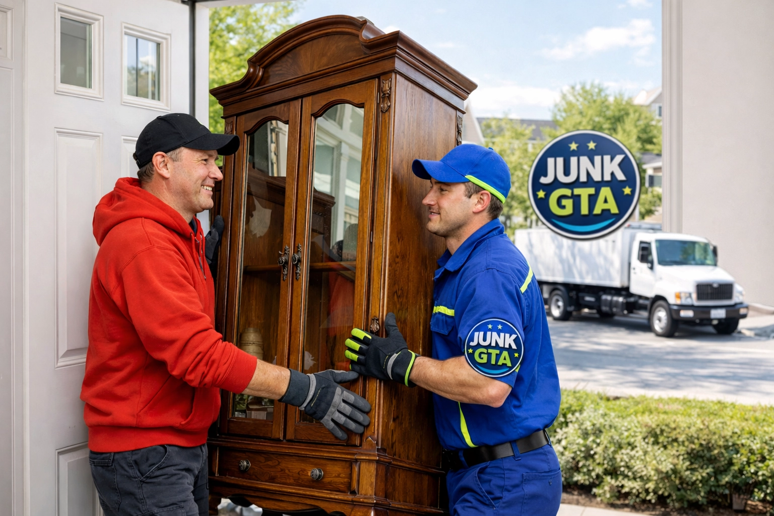 Professional junk removal Aurora crew in uniform safely moving an armoire during a senior estate cleanout service.