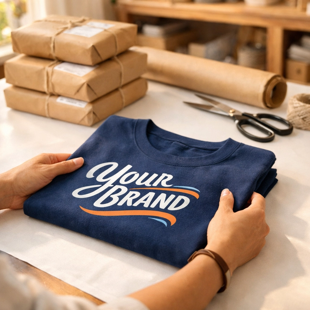 Folding a high-quality finished shirt from a professional order of wholesale dtf transfers.