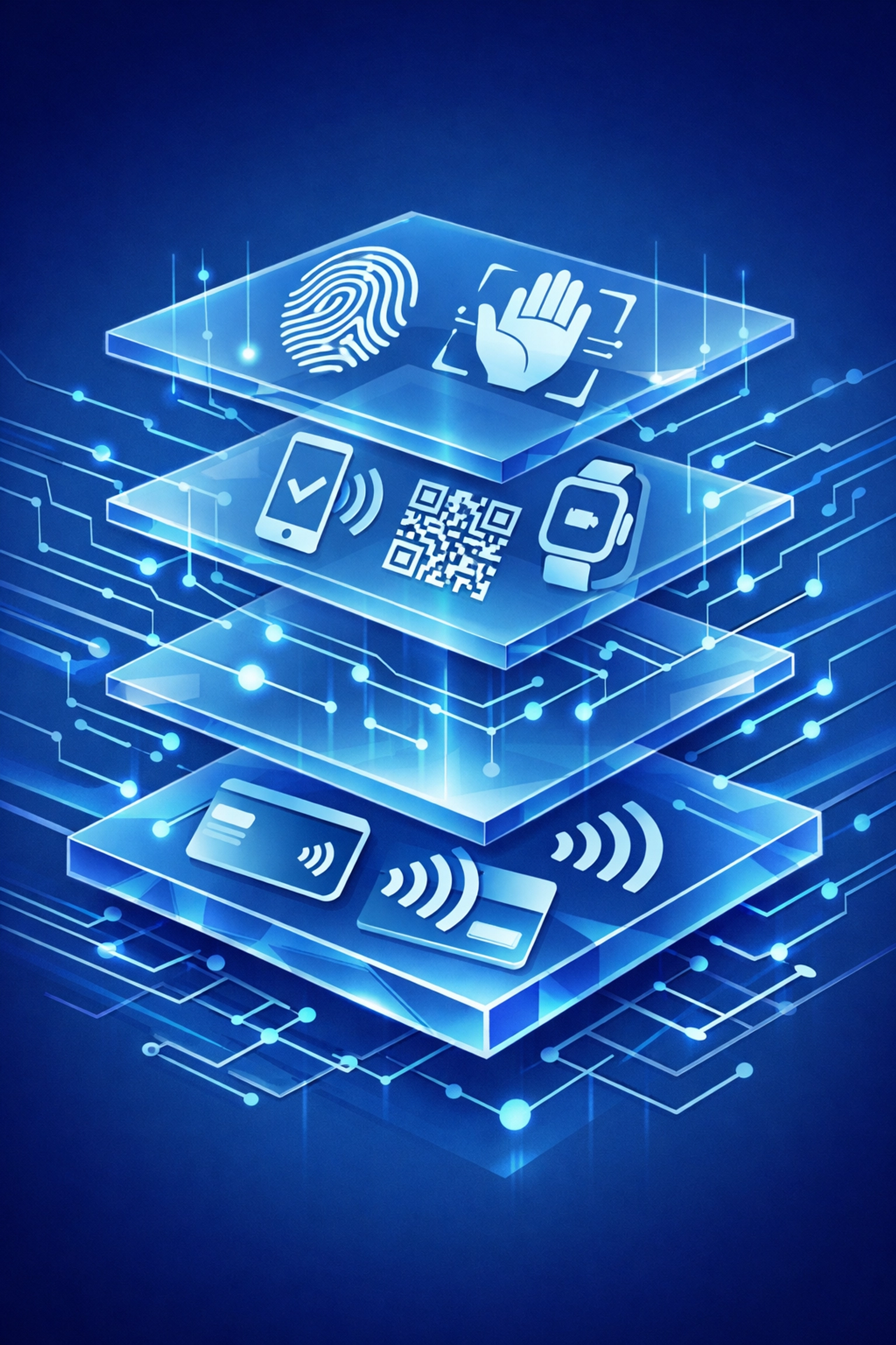 Contactless payment technology stack showing NFC, QR codes, and biometric authentication layers