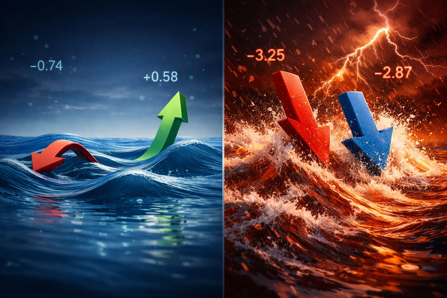 Visual comparison of negative vs positive stock-bond correlation impact on portfolio volatility