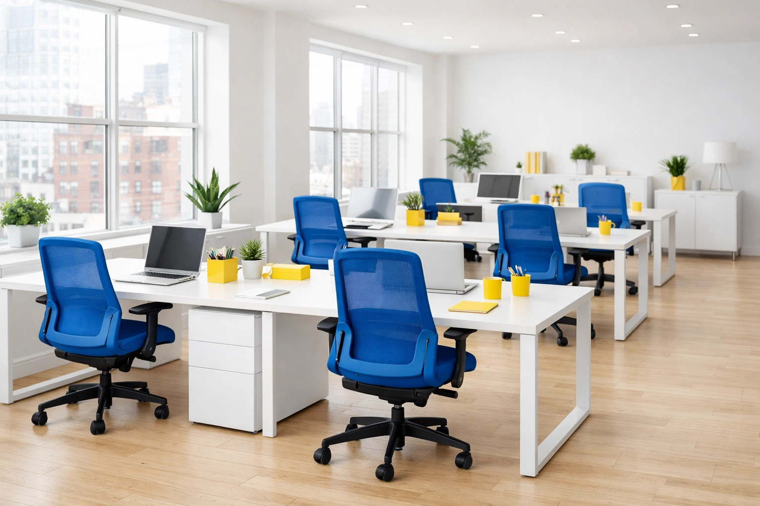 Clean and productive open-plan office in Chelsea featuring dust-free desks and a healthy work environment.