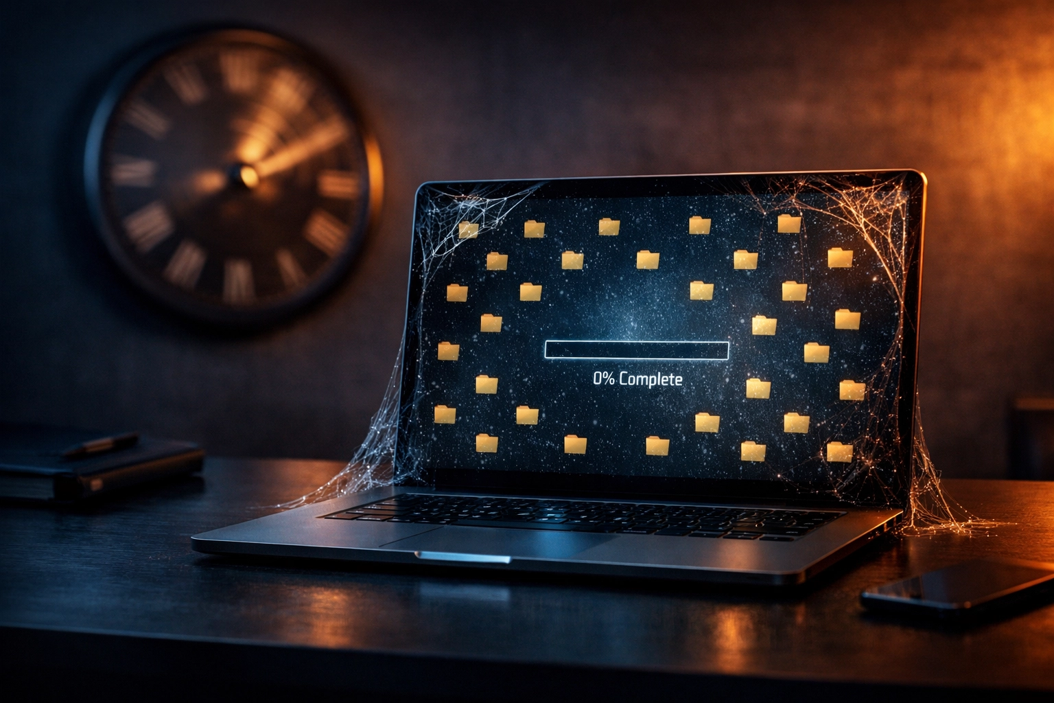 Laptop with cobwebs and 0% progress, showing the wasted cost of unfinished SaaS customer support training.