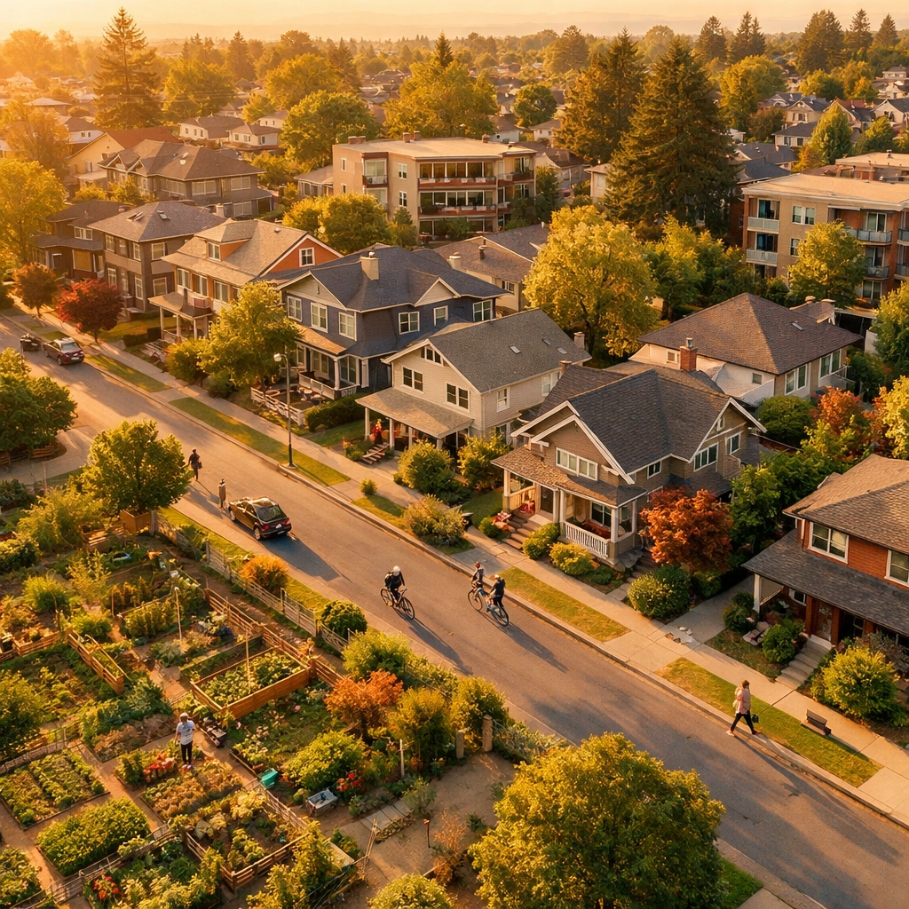 Aerial view of established residential neighborhood showing diverse housing and community character