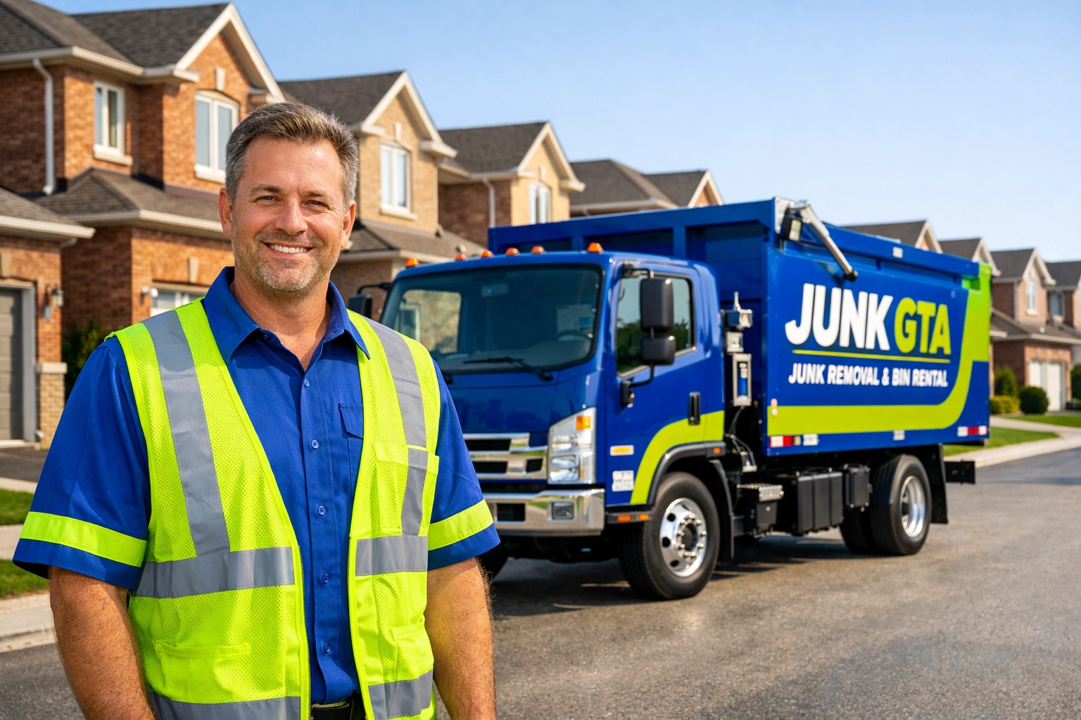 Junk GTA expert standing by a professional service truck in a Bradford neighborhood to help with 2026 recycling rules.