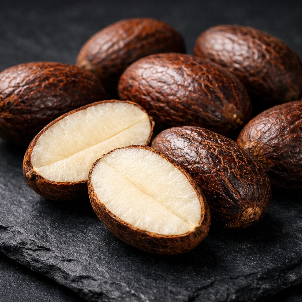 Premium bitter kola nuts from Nigeria, whole and cross-sectioned to show export-ready quality for wholesale buyers.