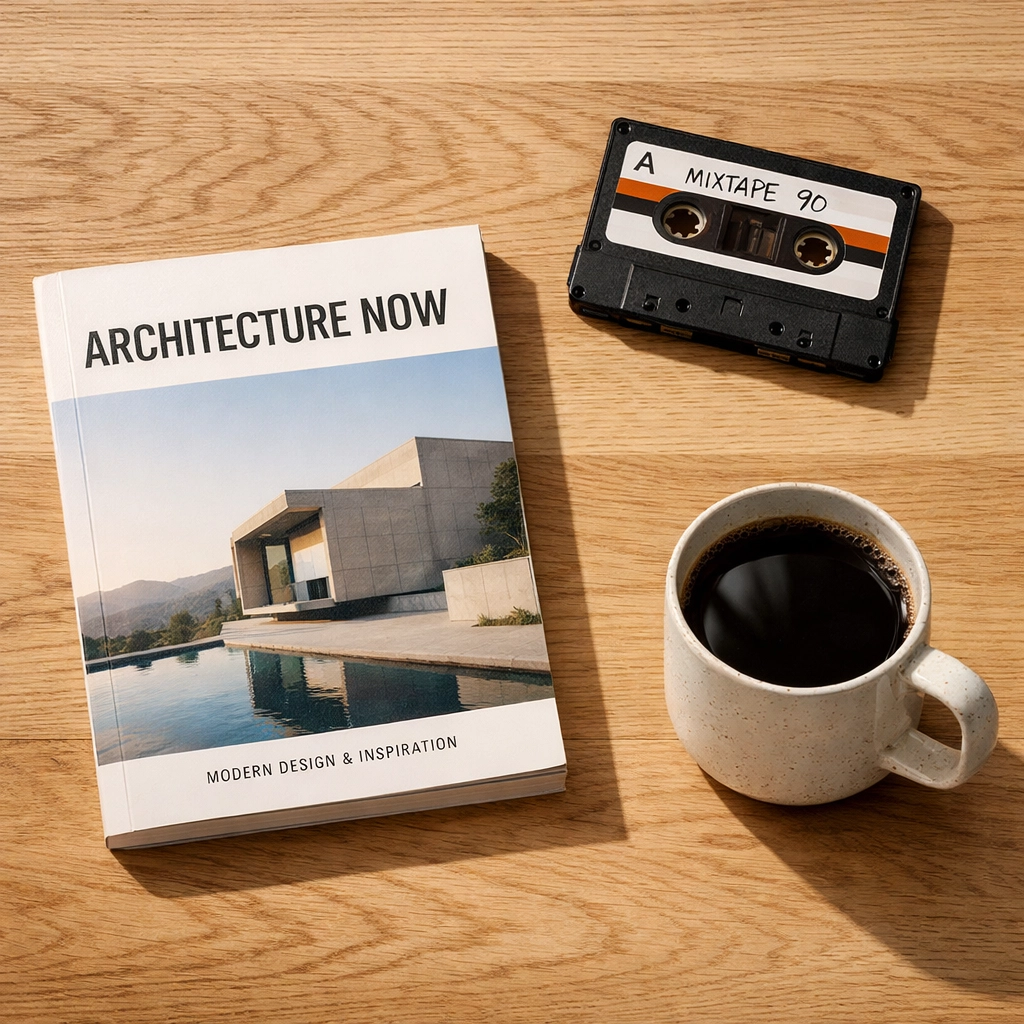 Minimalist desk with a magazine and cassette tape, showing the mix of professional and personal brand affinities.