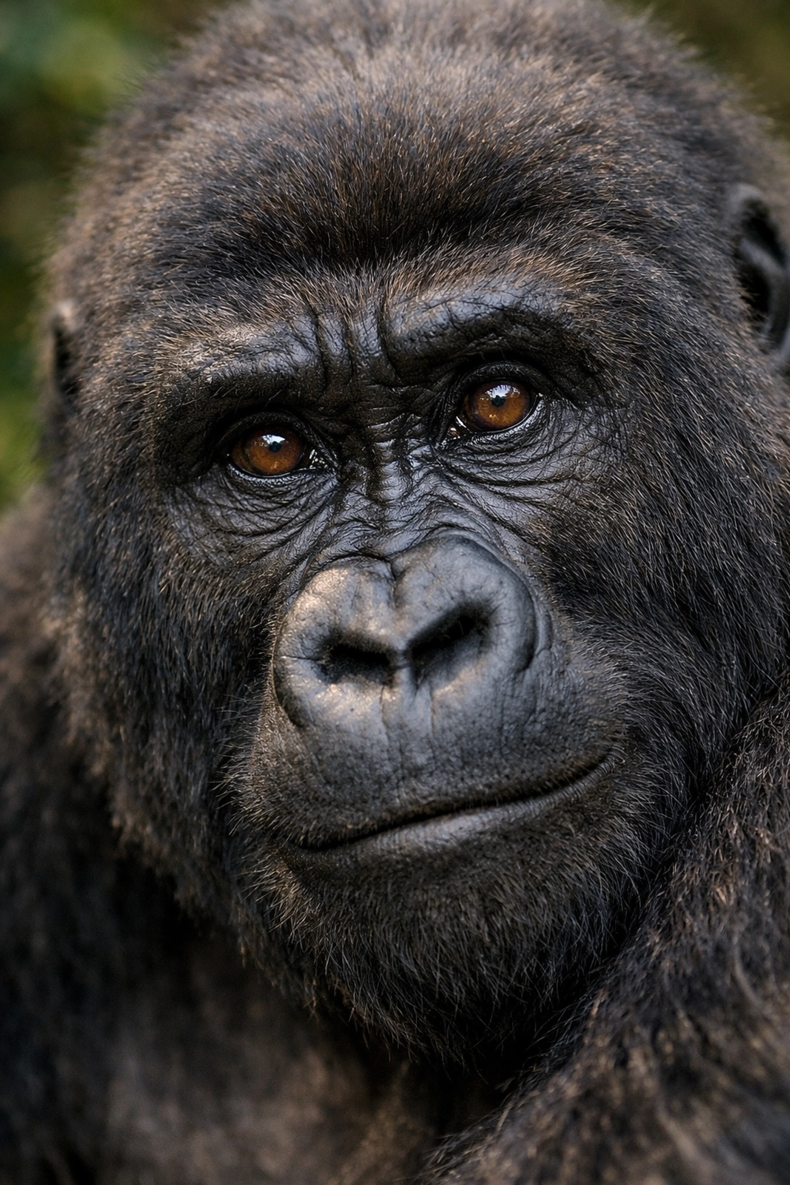 Gorilla making direct eye contact showing emotion and personality in wildlife stock photography