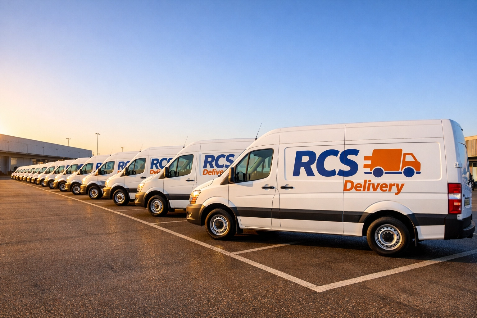 Fleet of reliable white RCS Delivery vans prepared for same day delivery service and secure medical transport.