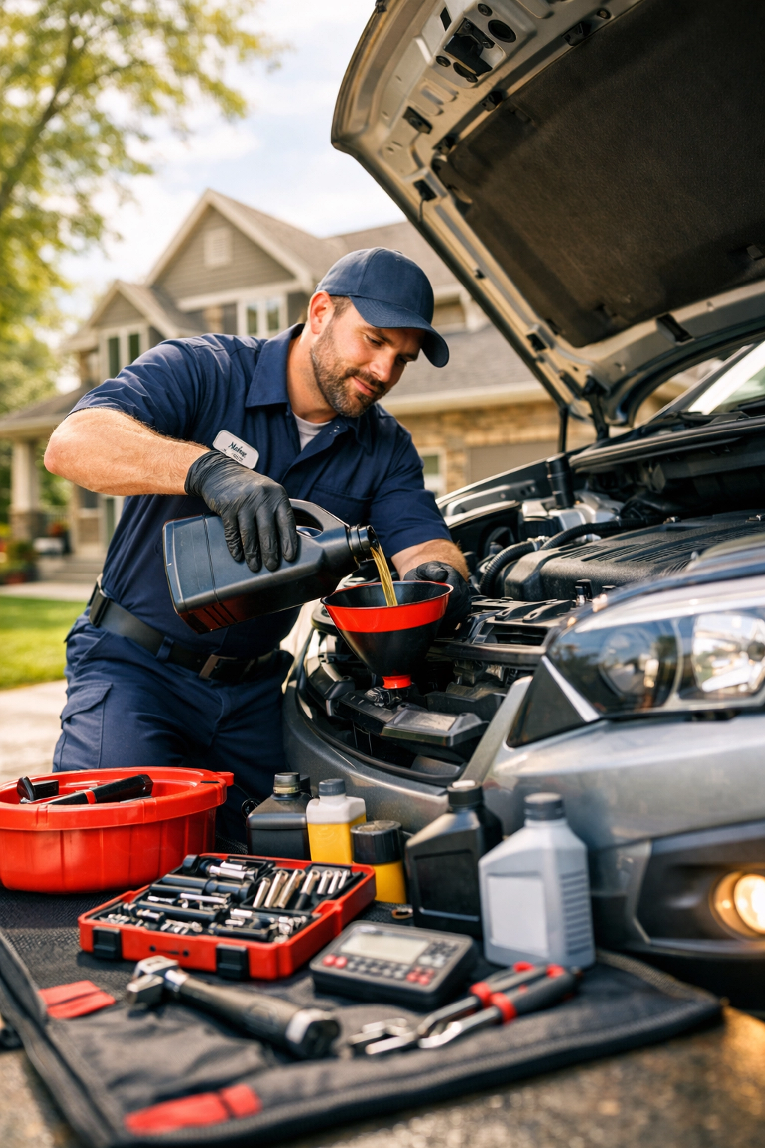 Mobile mechanic performing oil change in Green Bay driveway providing convenient service