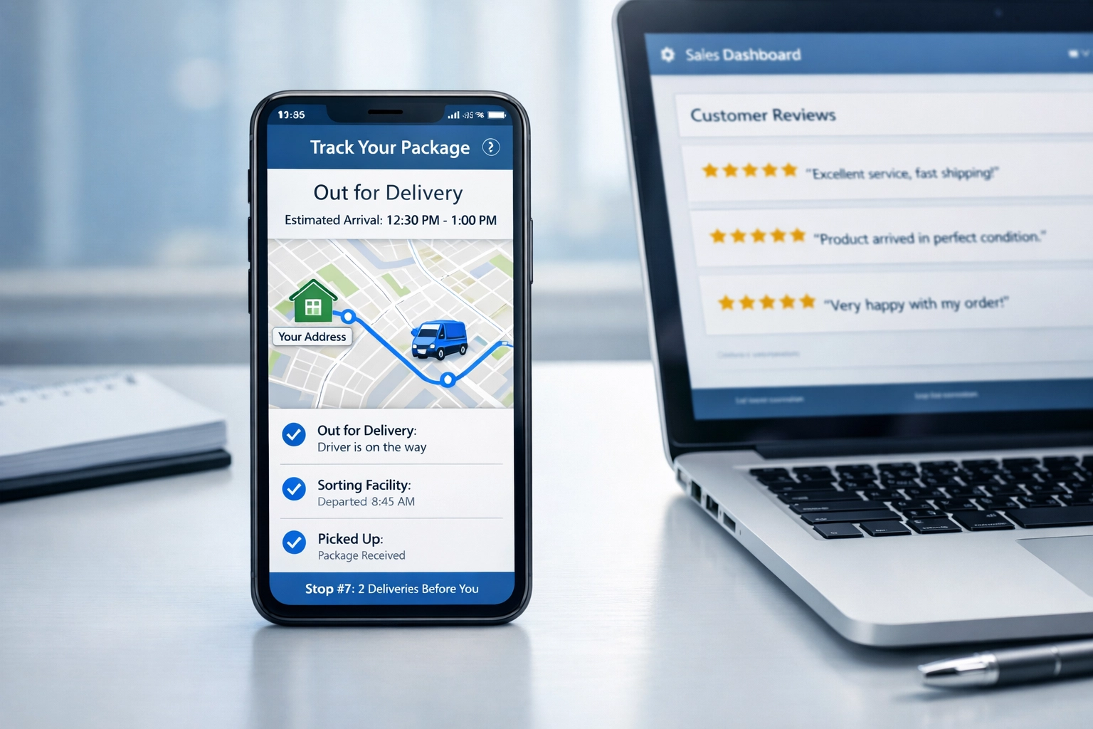 Real-time parcel tracking interface on smartphone showing delivery updates and customer dashboard
