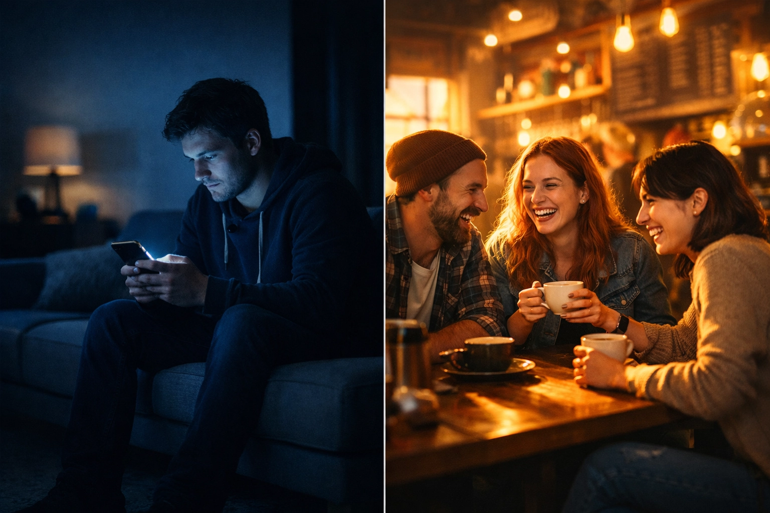 Split image showing digital isolation versus real human connection in community