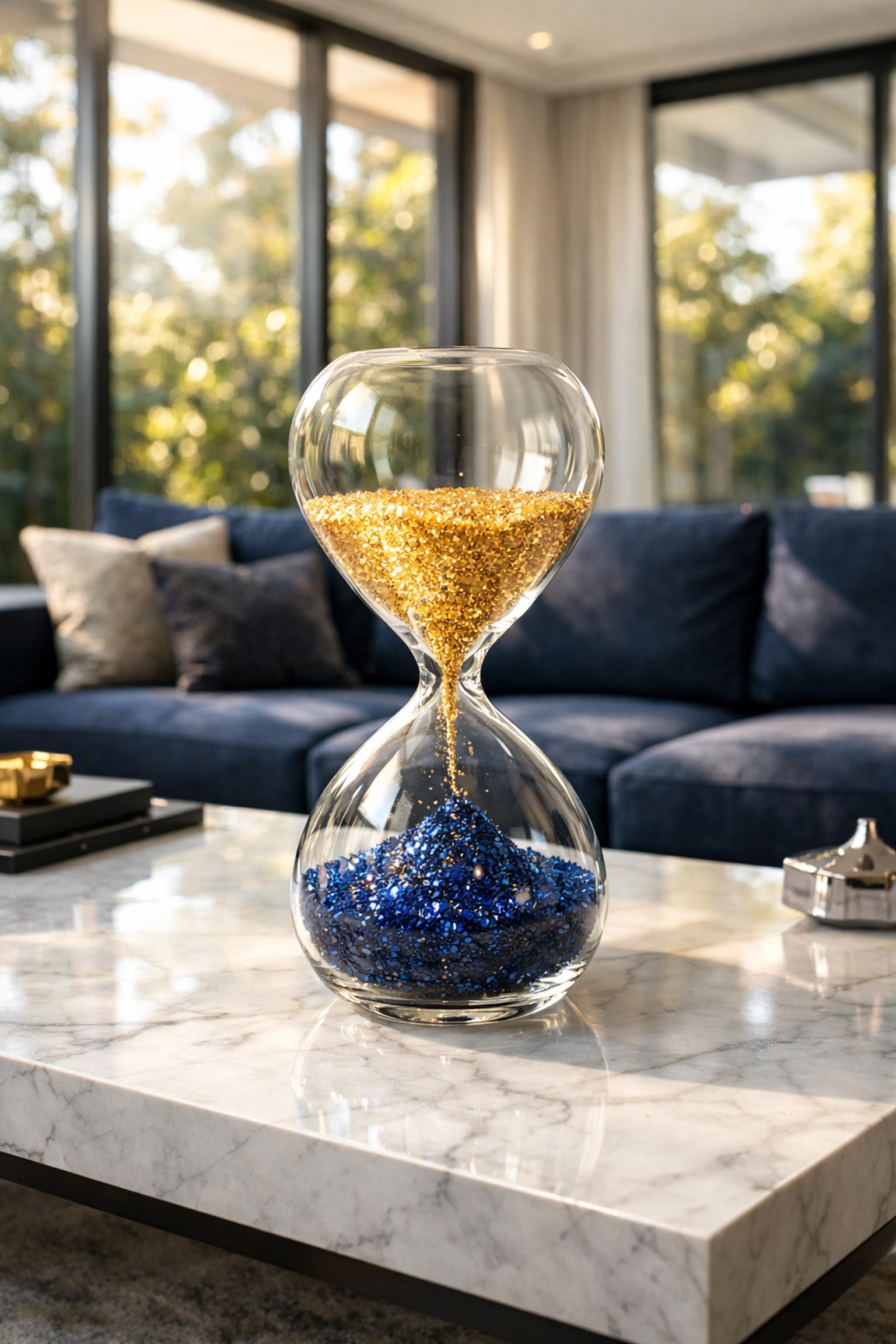 Hourglass in a clean living room symbolizing time saved by hiring a weekly house cleaning service.