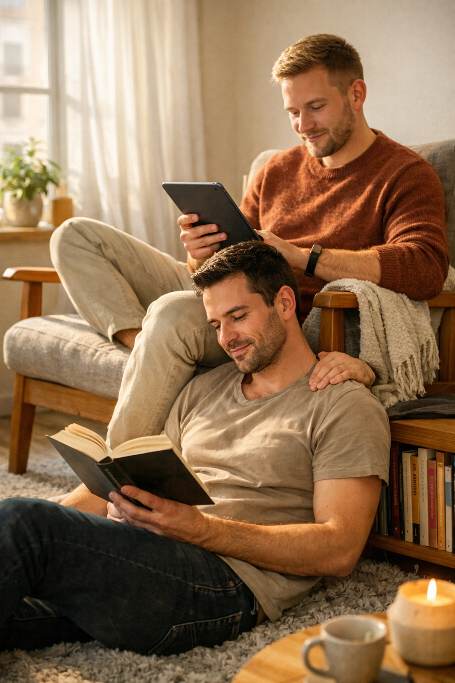 A gay couple relaxes in a sunlit room, reading MM romance books and enjoying domestic life.