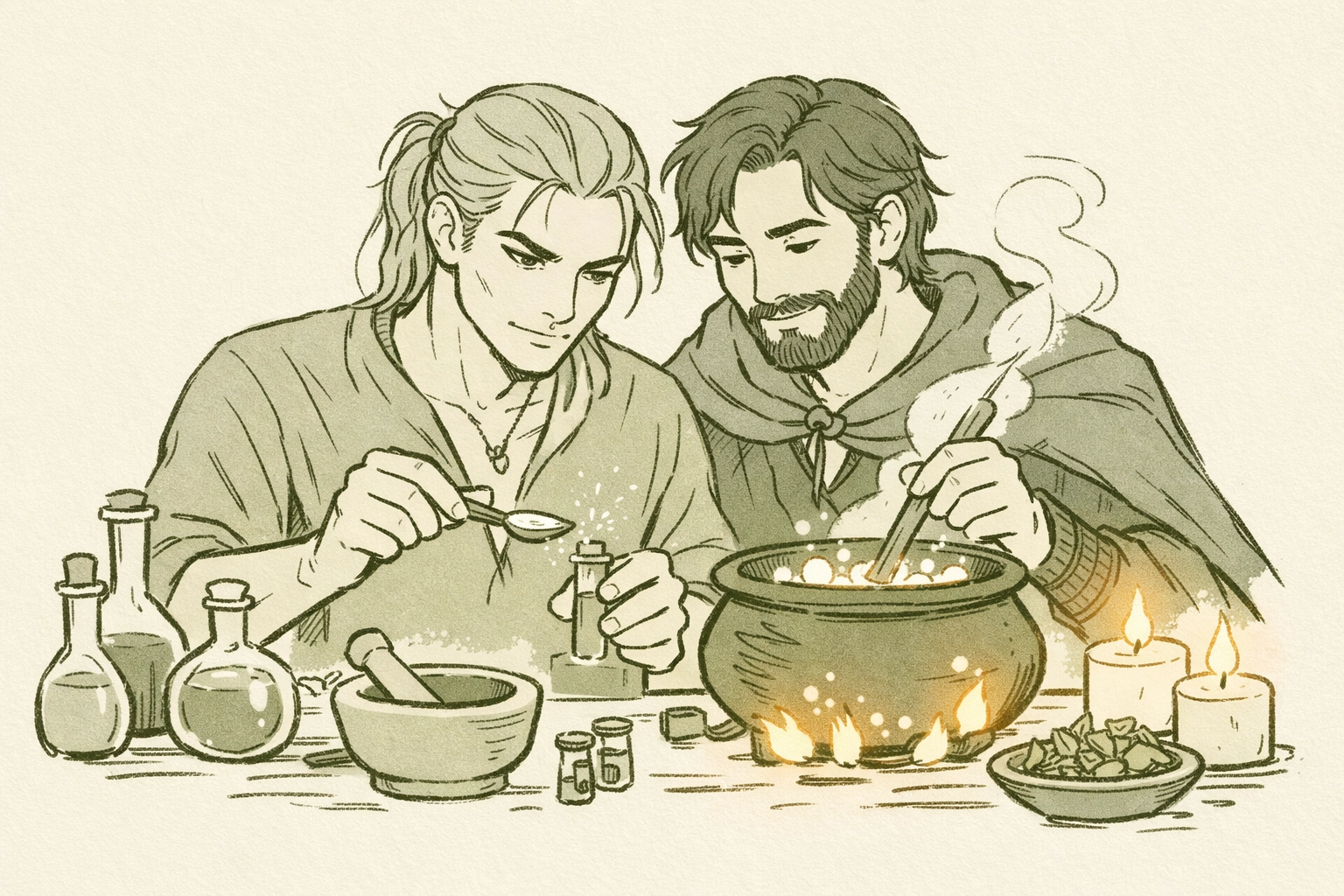 Witcher and mage partner brewing potions together in shared workshop - MM fantasy romance
