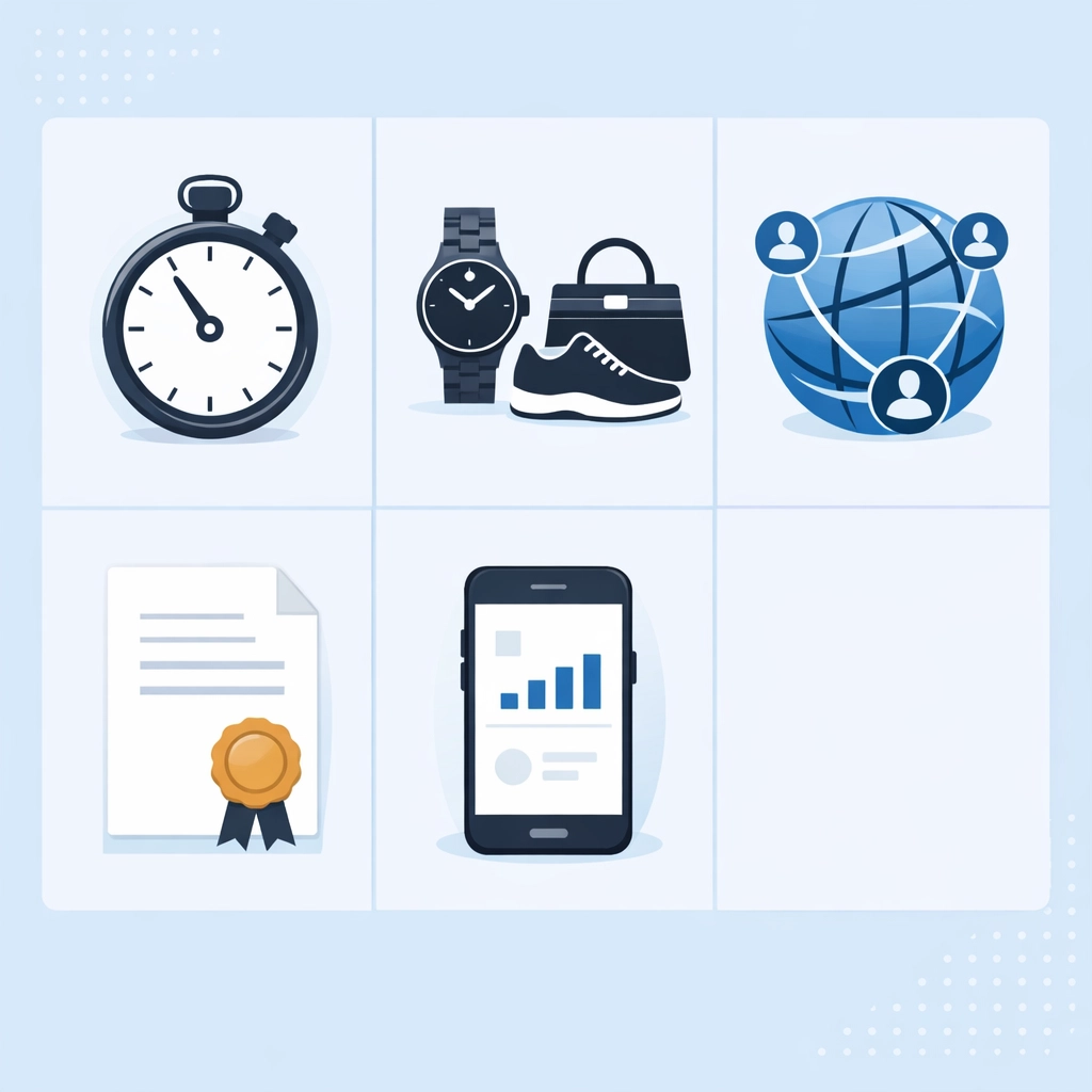 Professional authentication service checklist for pawn shops including icons for speed, brands, and certificates.