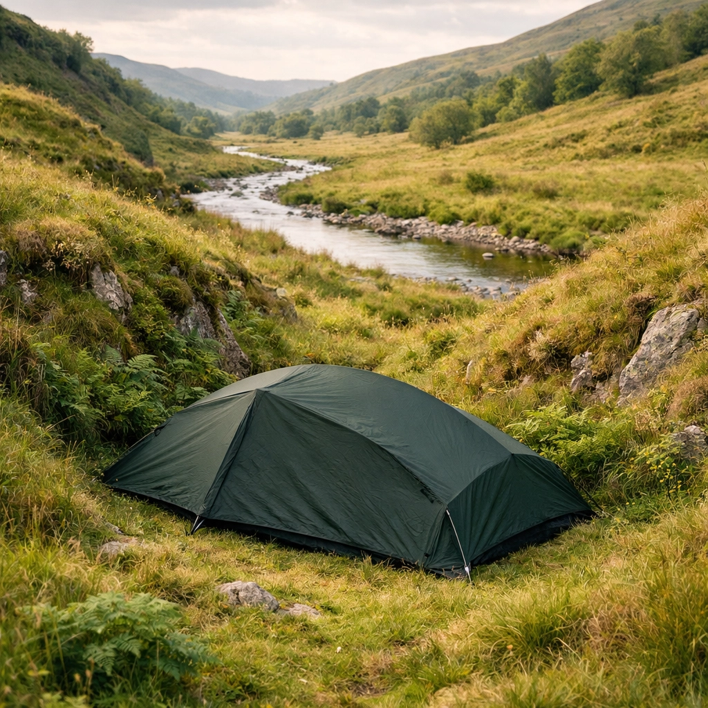 A low-profile green tent hidden in a grassy dip for a discreet wild camping guided UK experience.