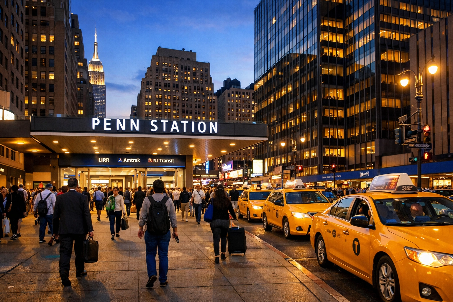 Penn Station entrance bustling with commuters, illuminated signage, taxis lined up, Empire State Building visible in the background at dusk.