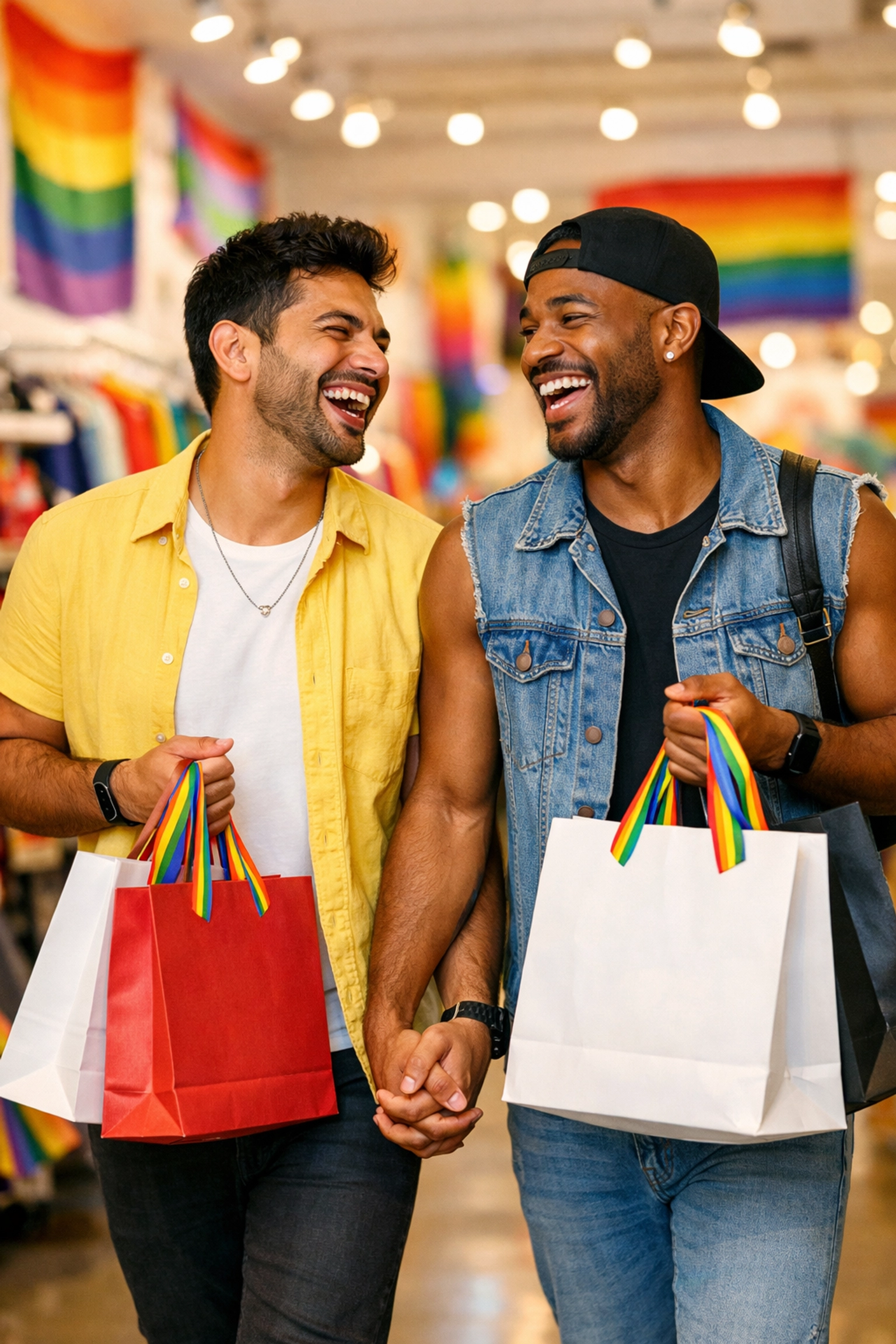 A happy gay couple holding rainbow shopping bags after finding deals at a Pride boutique.