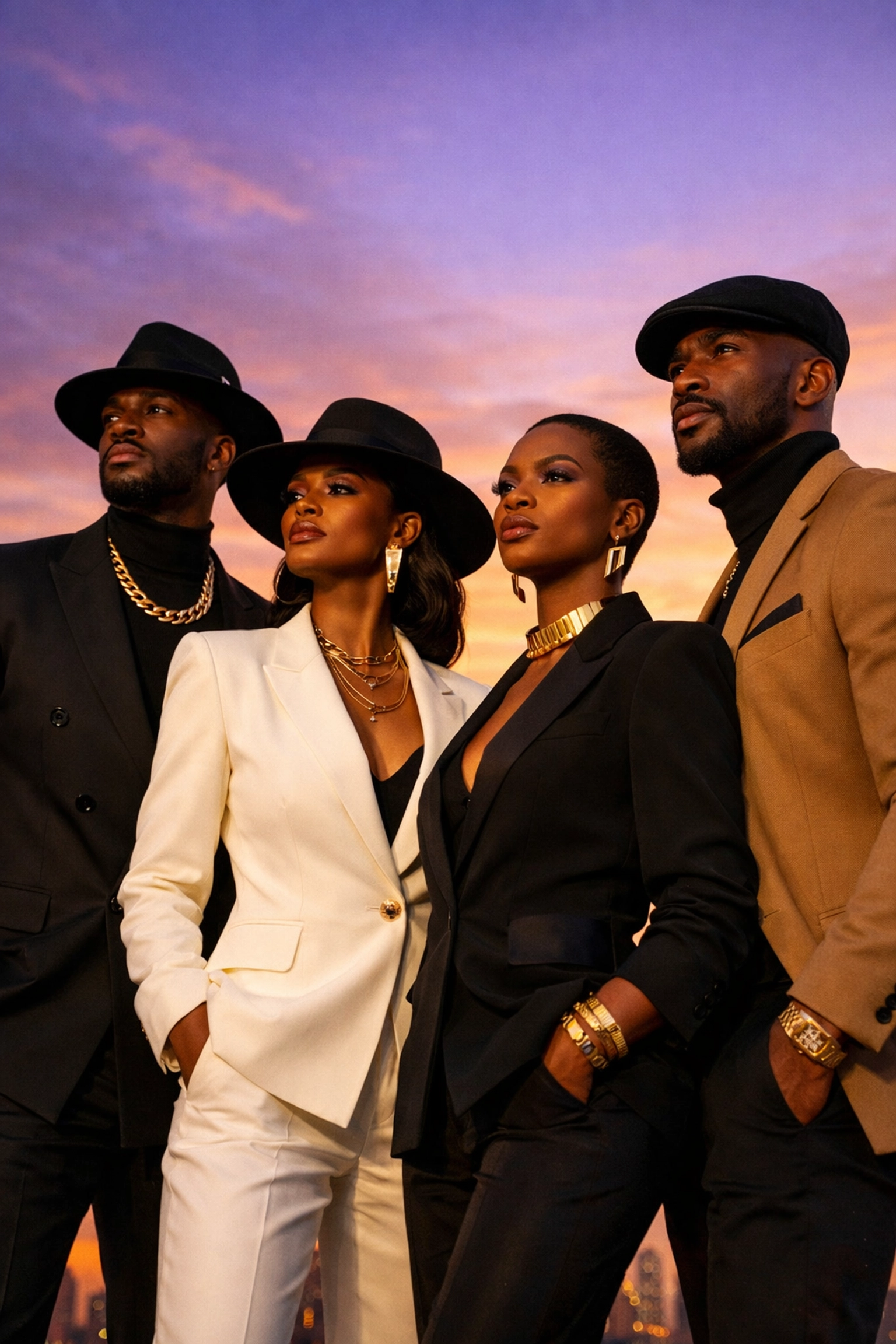 Four stylish Black professionals on a rooftop representing community, legacy, and Black excellence.