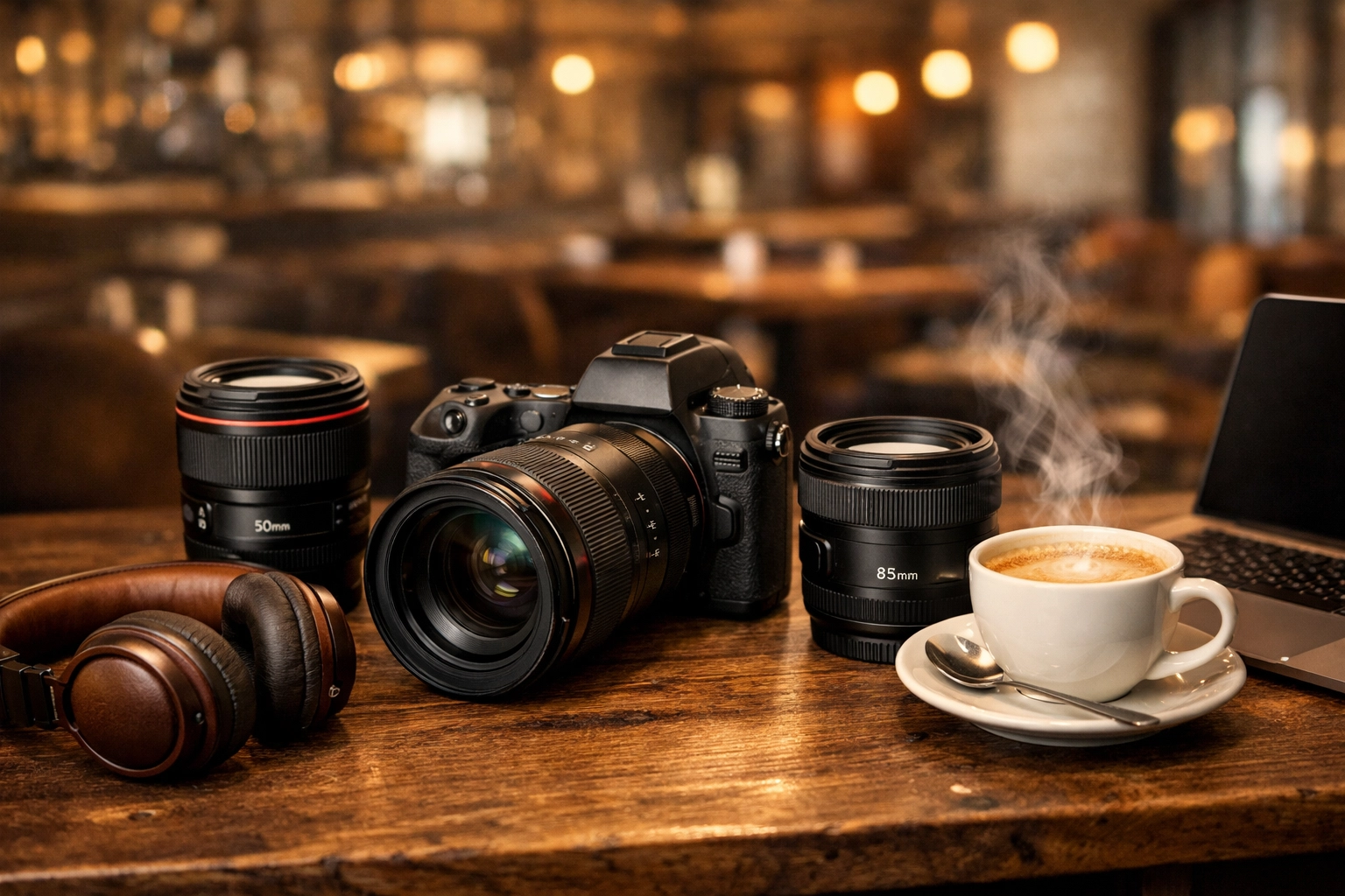 Professional photography gear and laptop in a cafe, showcasing a smooth photography booking experience.