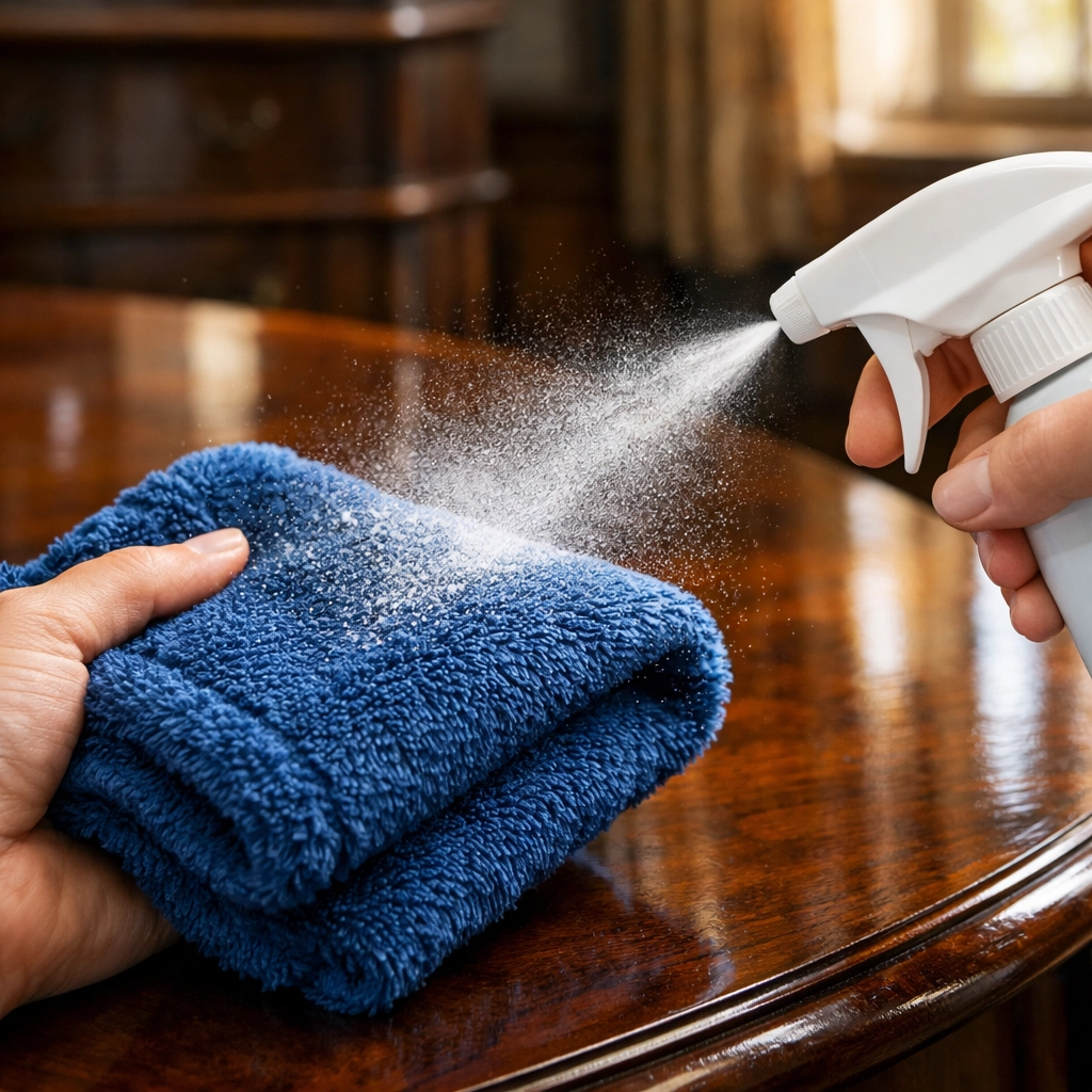 Professional hand spraying eco-friendly cleaner on a cloth to avoid damage during house cleaning Worcester MA.