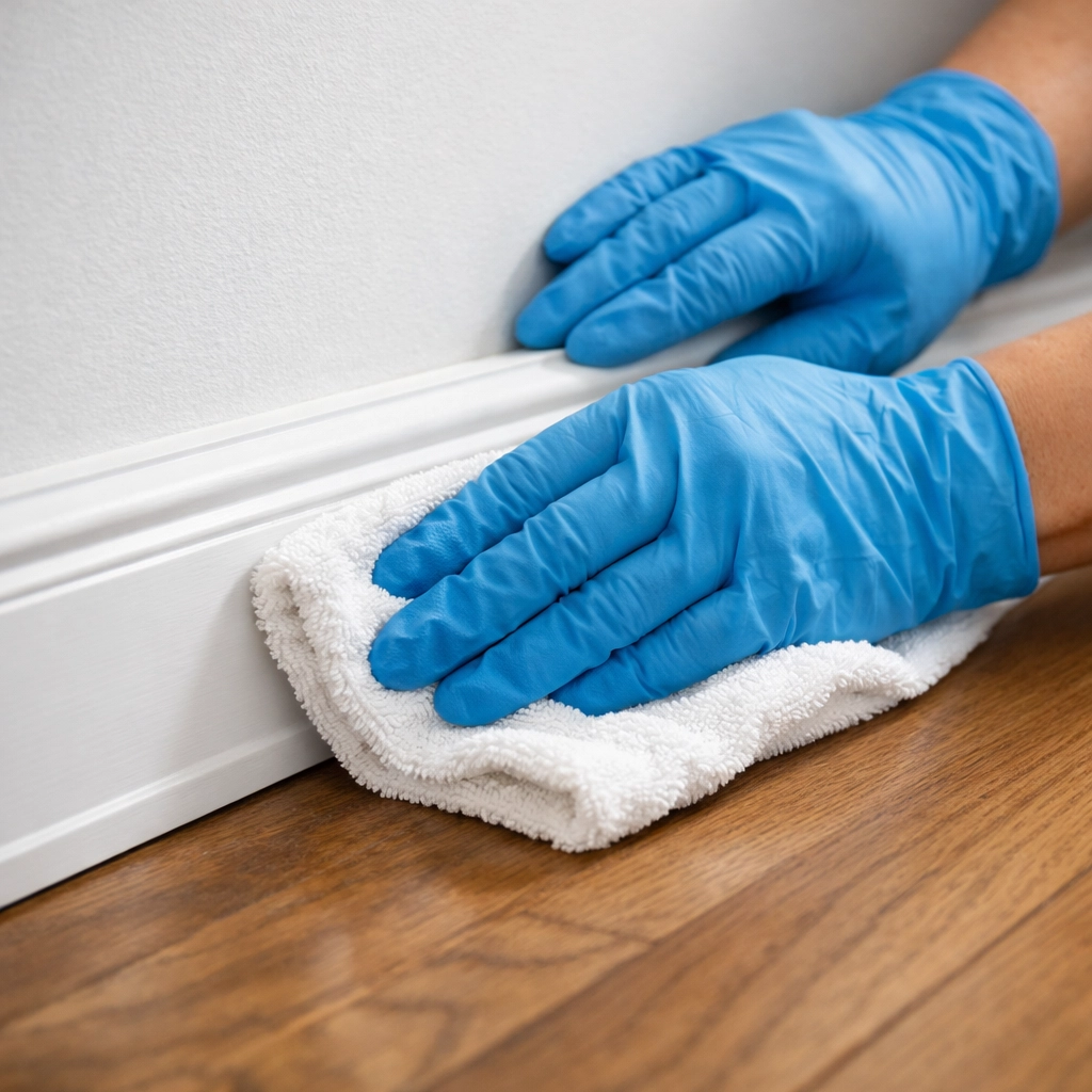 Hands in gloves cleaning white baseboards with microfiber cloth during apartment turnover