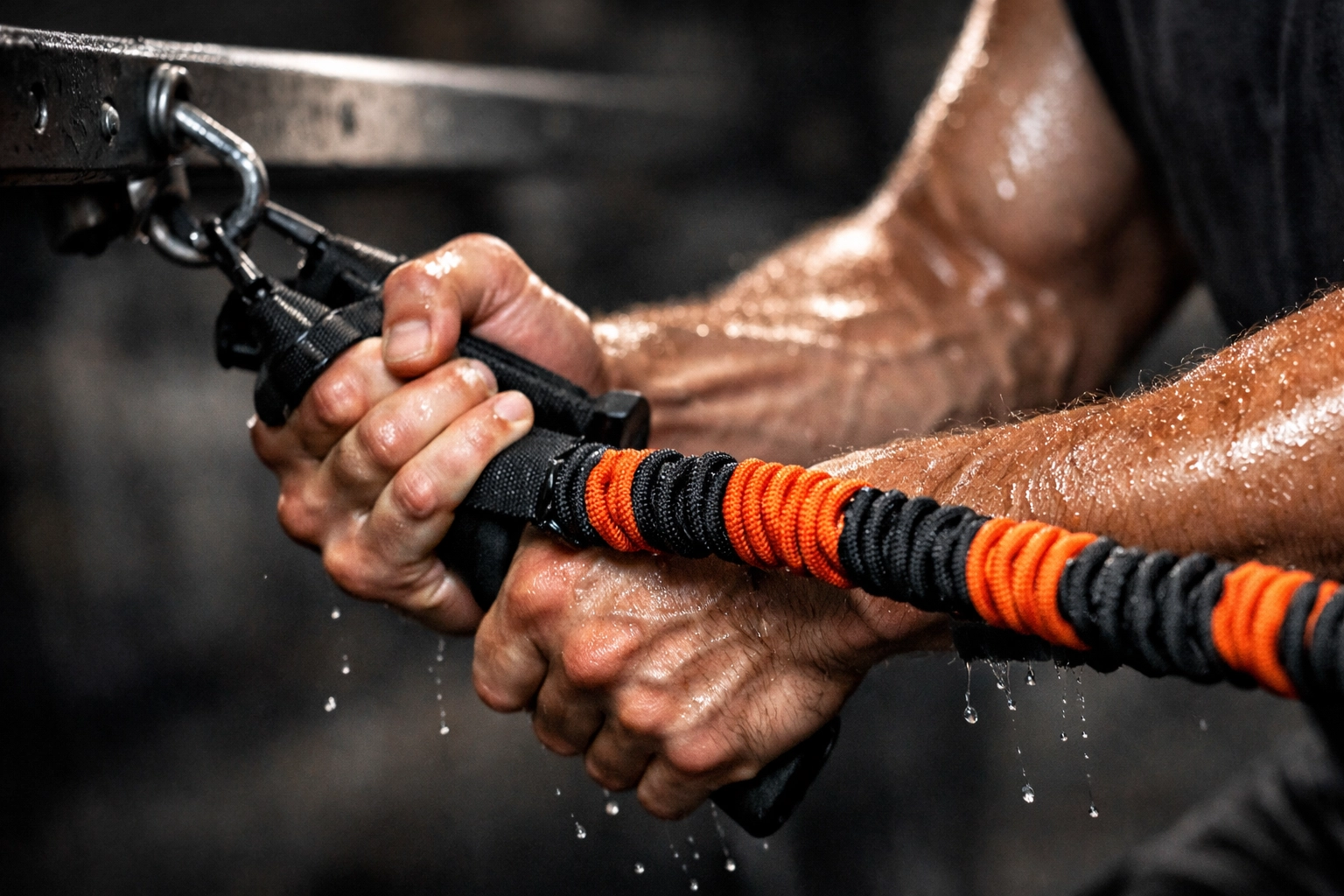 Close-up of high-intensity resistance training using bands anchored to a versatile home gym rail.