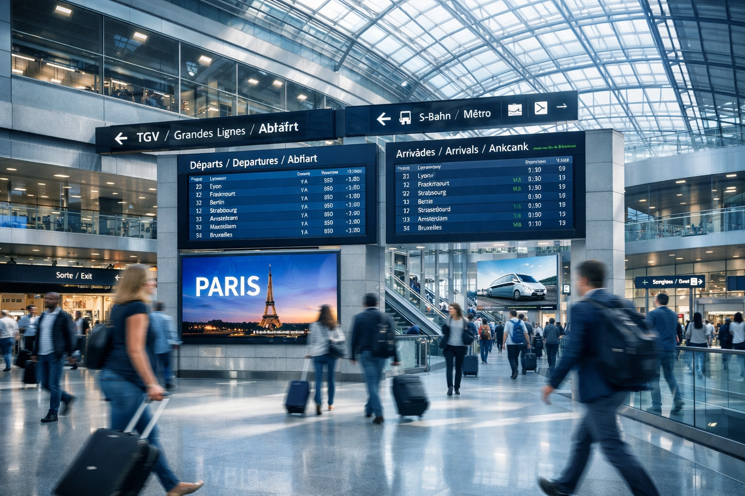 Digital advertising screens in a busy international transit hub reaching event attendees in major global cities.