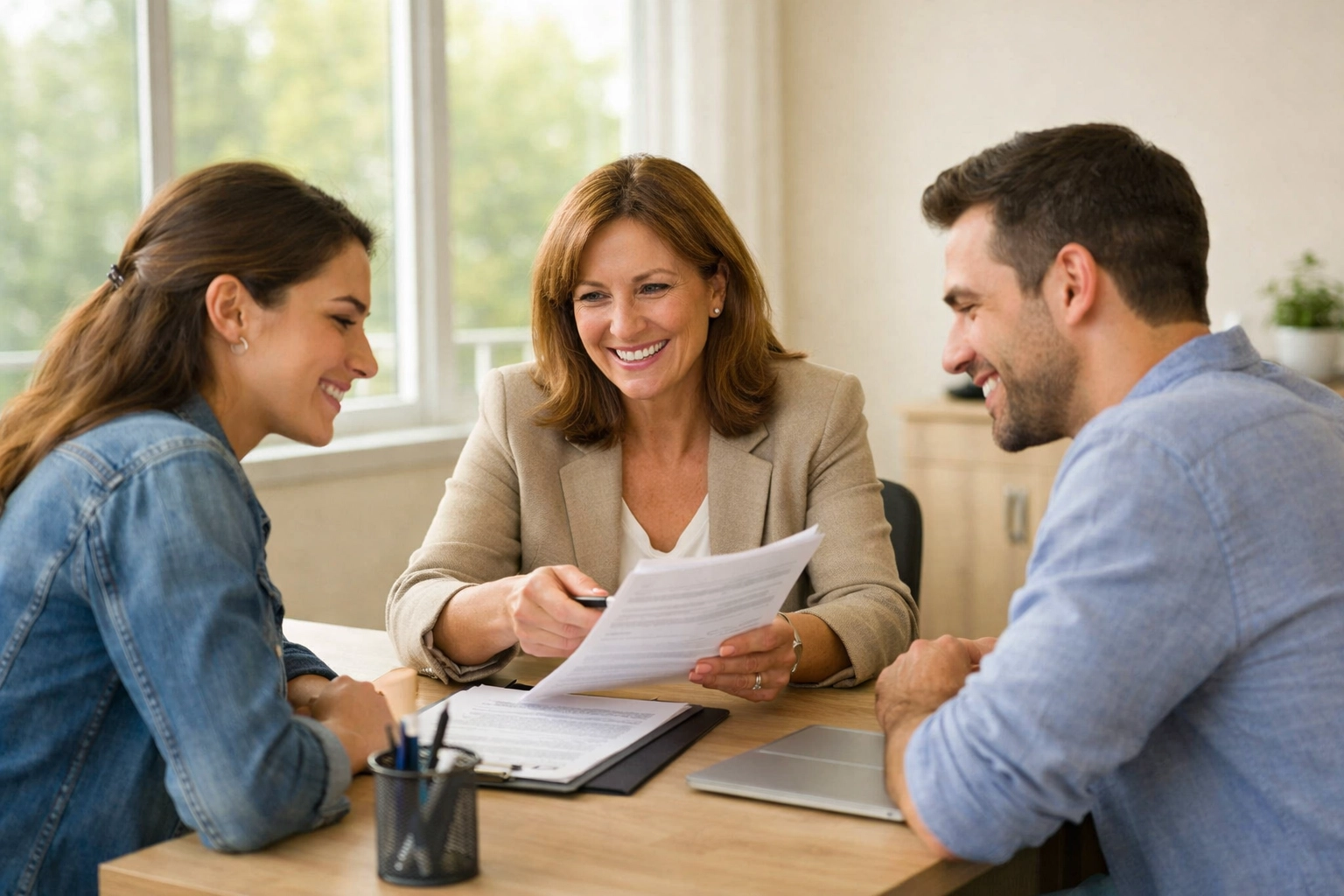 Insurance agent helping couple review Pennsylvania car insurance policy options