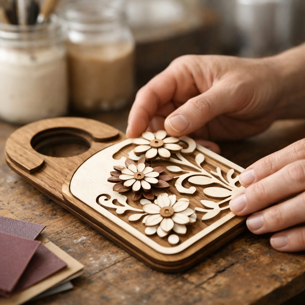 Artisan hands assembling a handcrafted layered wood door hanger with intricate floral details.