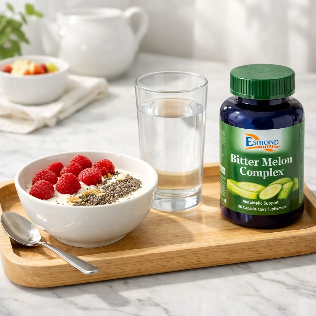 Bitter Melon Complex supplement bottle on a breakfast table to support metabolic balance during meals.
