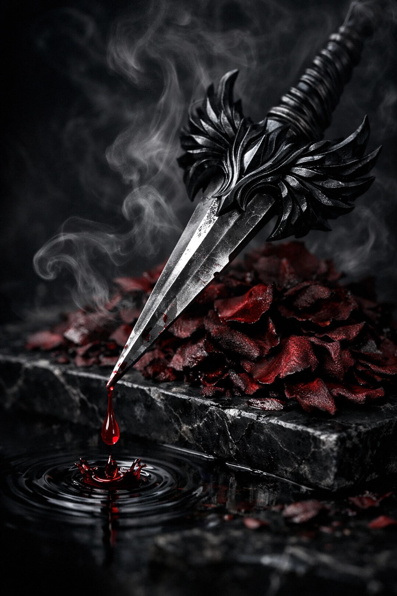 Ornate silver dagger and red rose petals teasing the release of Blood Kissed by Tigris Eden.