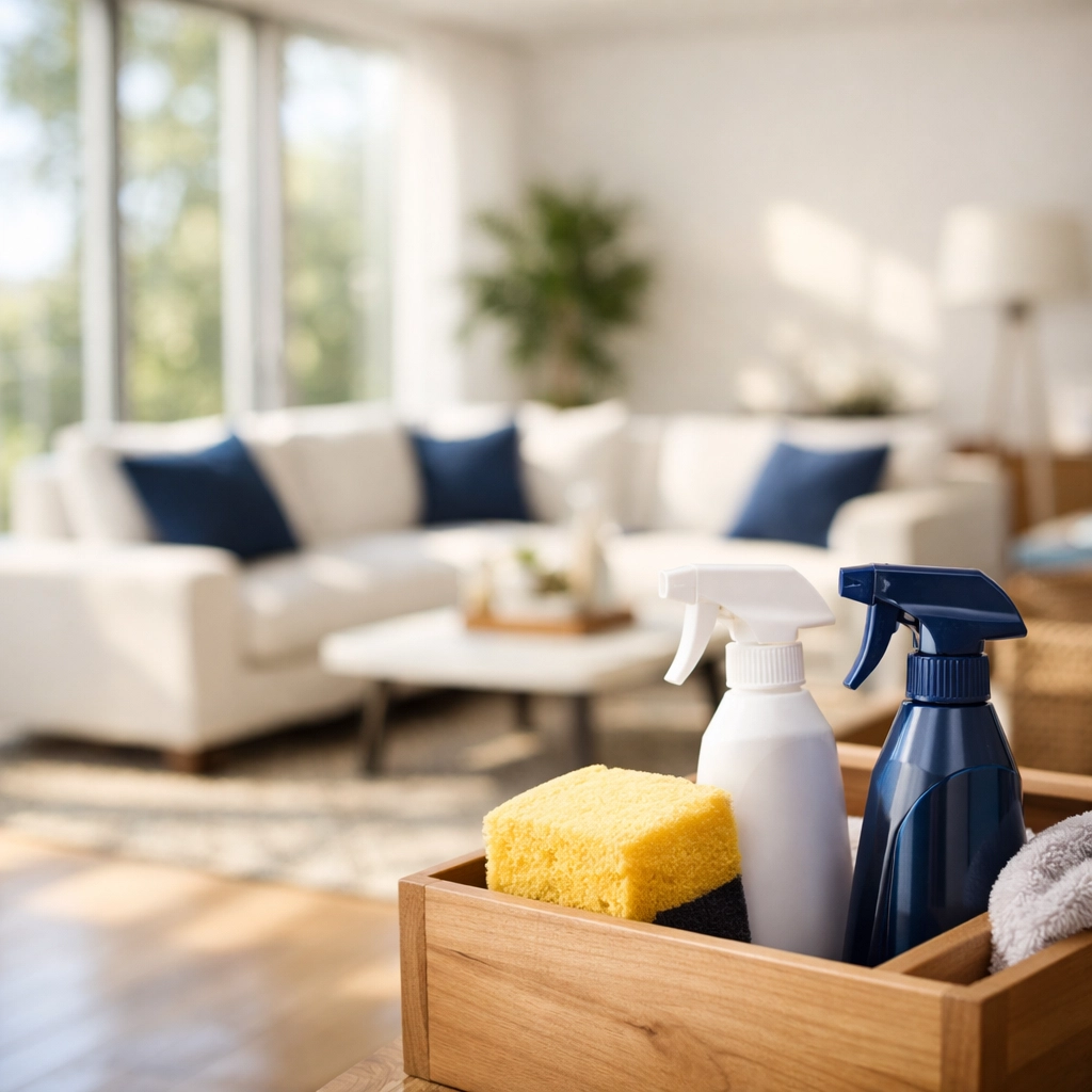 Eco-friendly cleaning supplies in a luxury living room following a professional move-in cleaning in Boston.